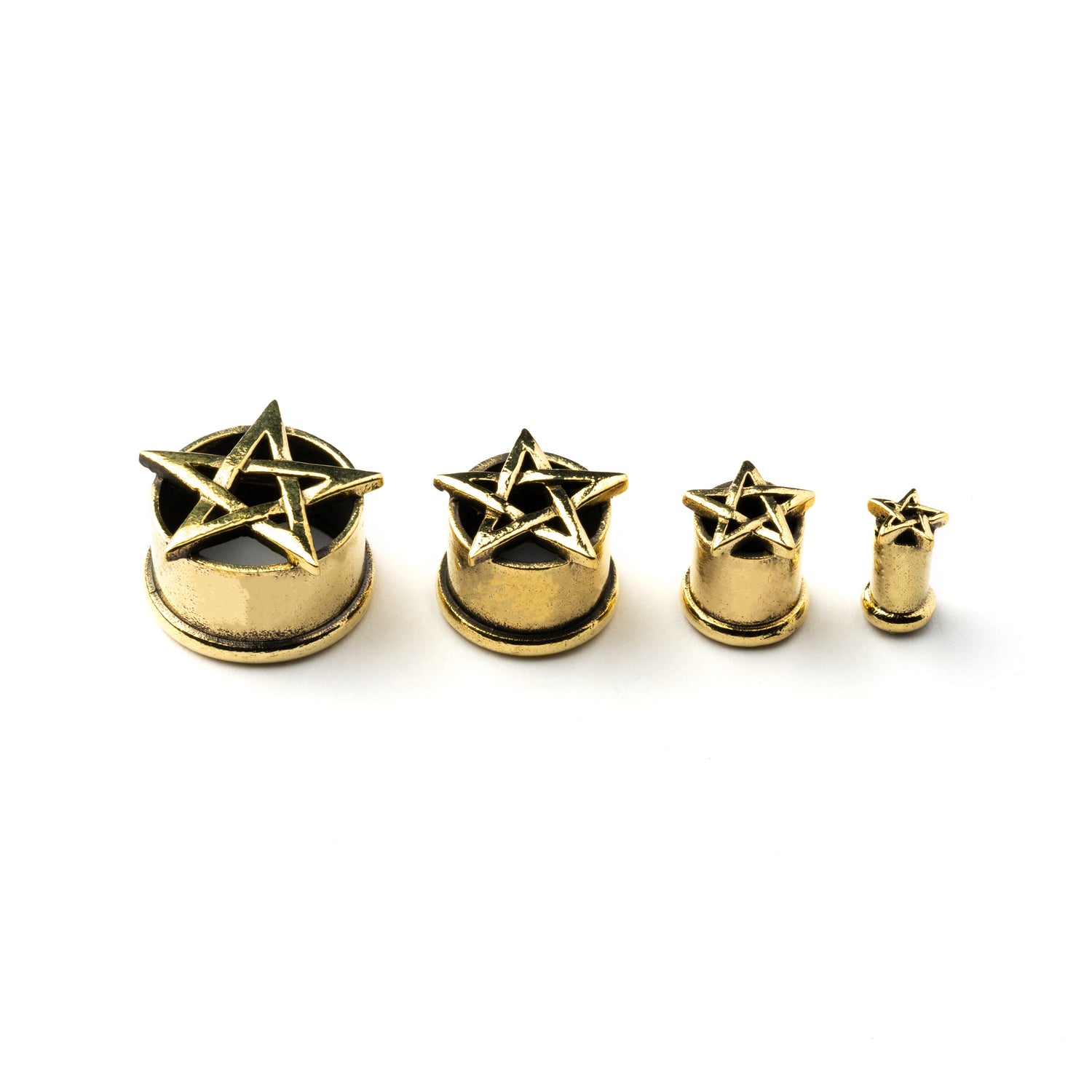several sizes of Brass Pentagram plugs front and side view