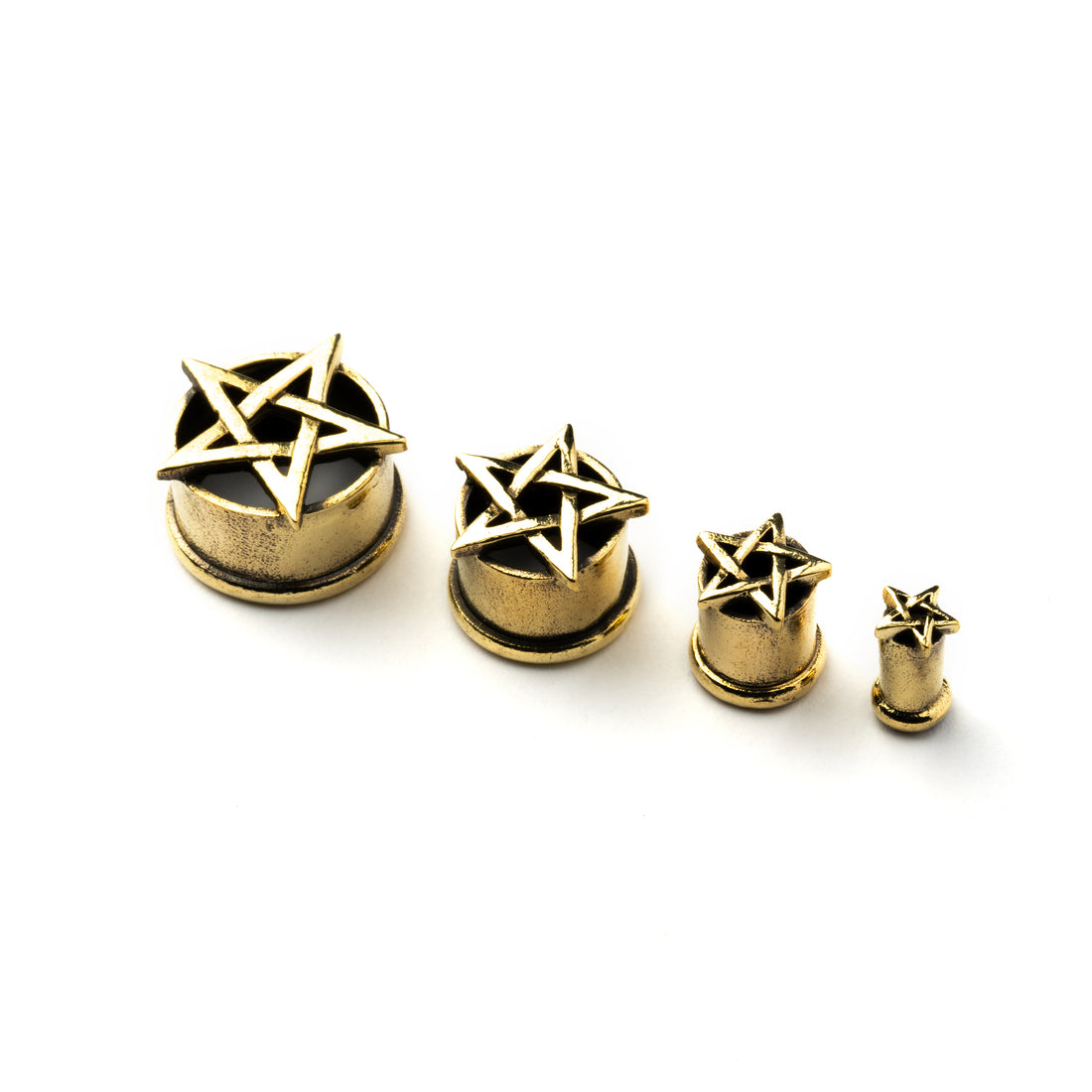 several sizes of Brass Pentagram plugs front and side view