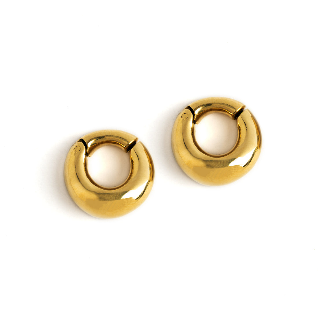 pair of gold brass chunky ear weights hoops frontal view