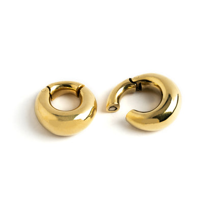 pair of gold brass chunky ear weights hoops magnet locking system closure view