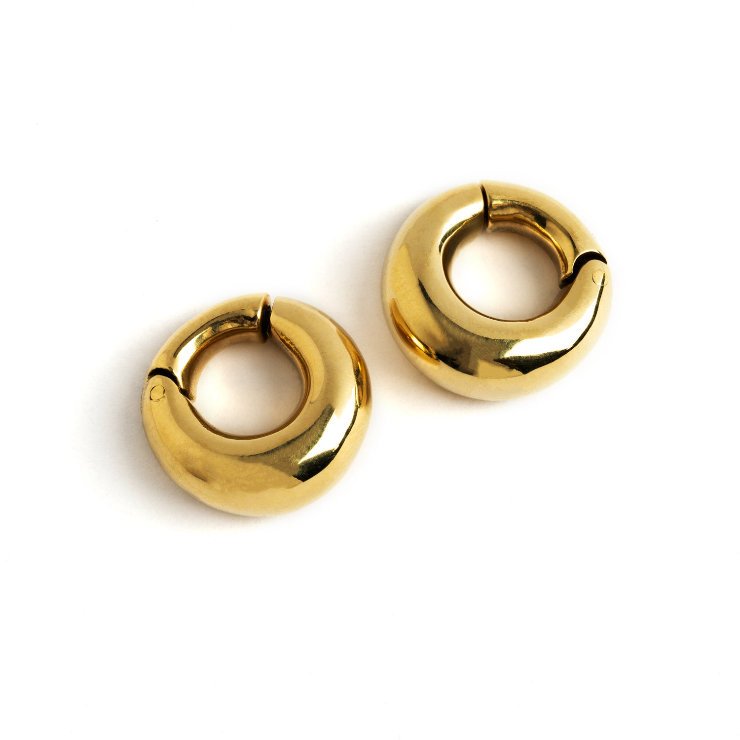 pair of gold brass chunky ear weights hoops front view