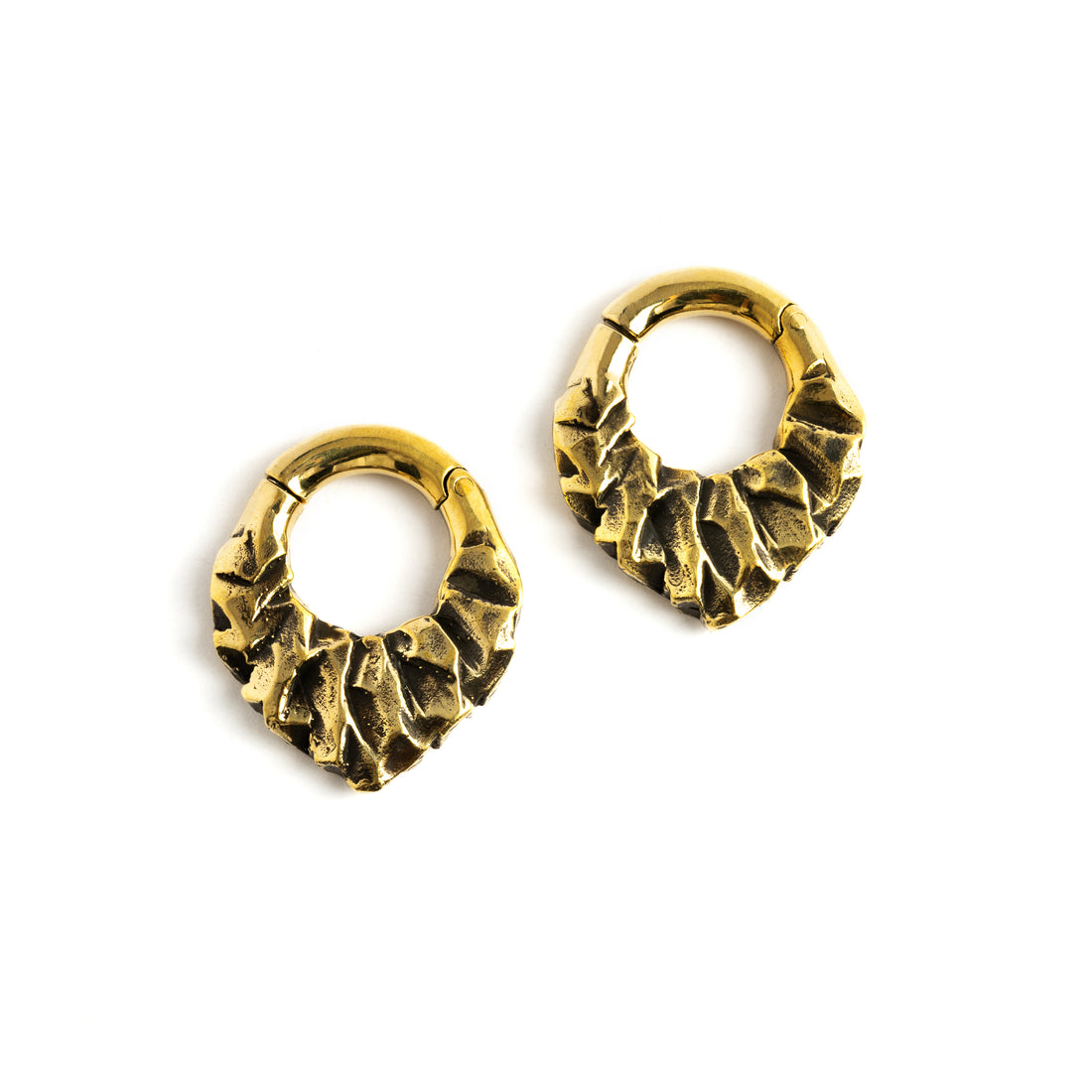 pair of gold brass teardrop shaped ear hoops hangers with rocky texture frontal view