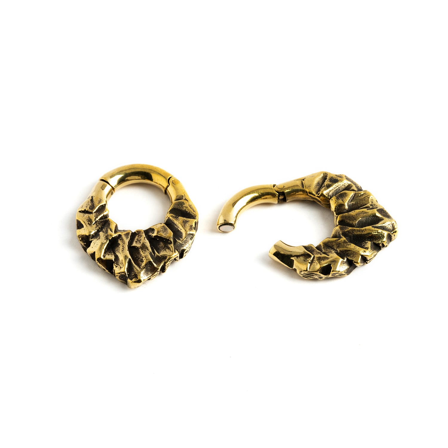 pair of gold brass teardrop shaped ear hoops hangers with rocky texture locking systeml view