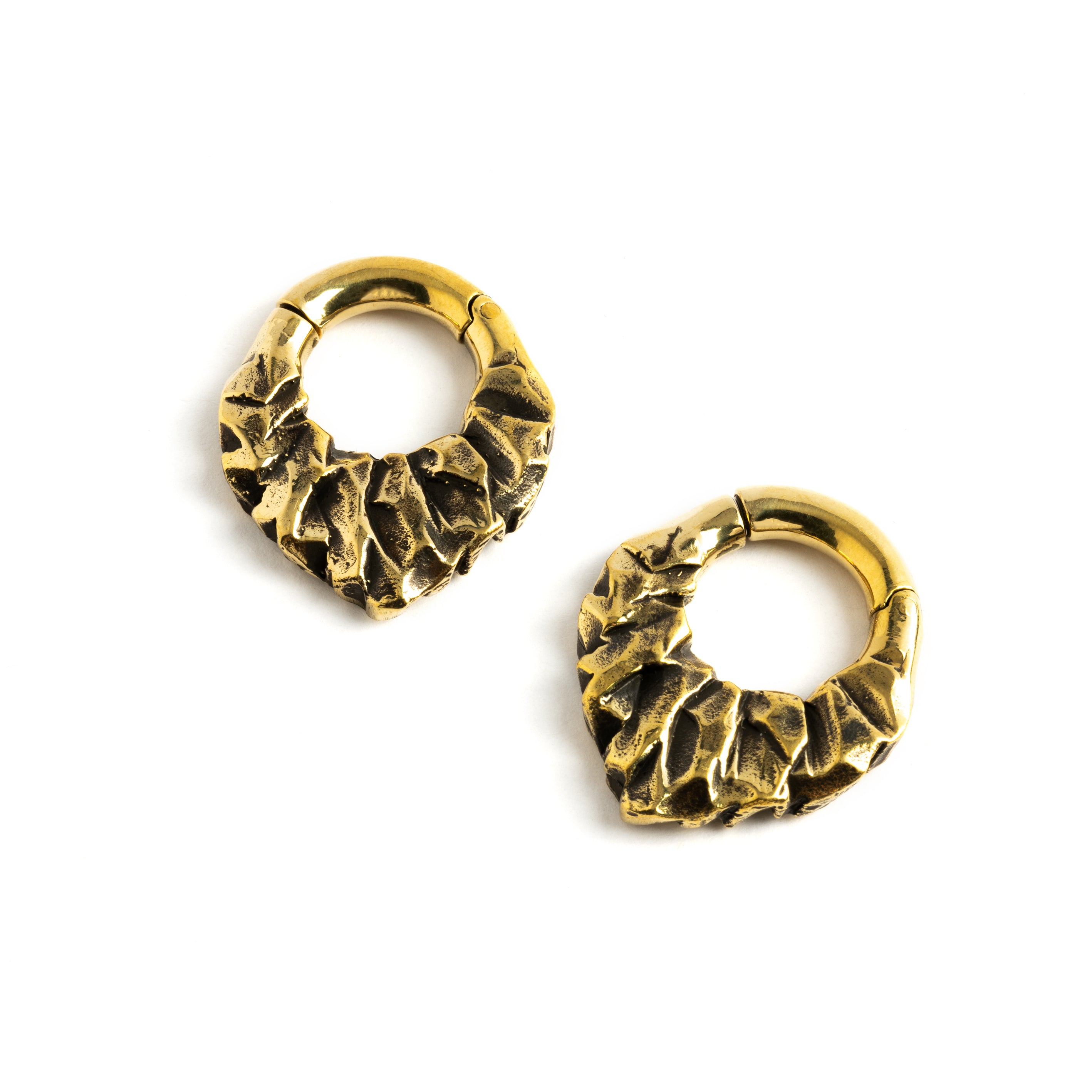 pair of gold brass teardrop shaped ear hoops hangers with rocky texture