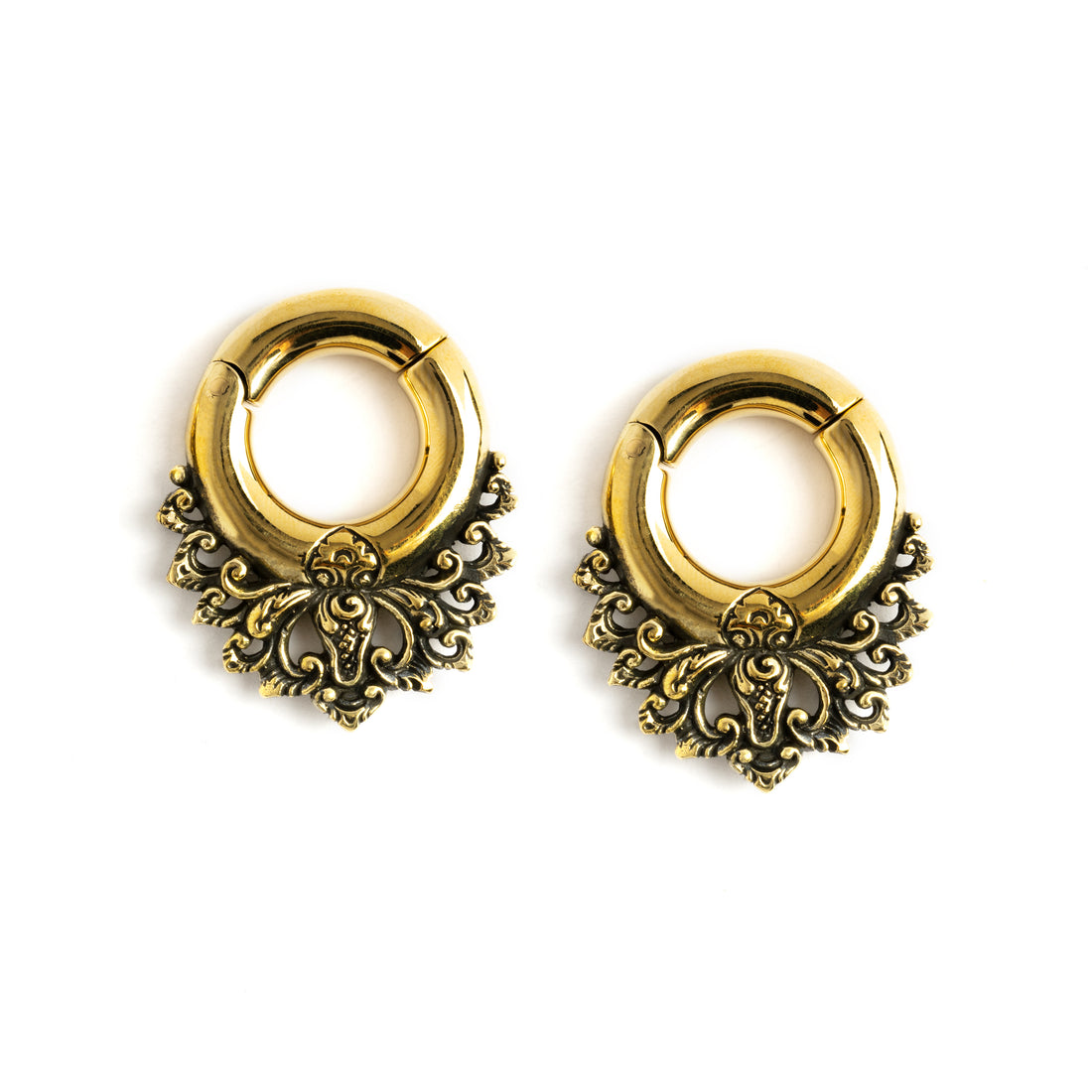 pair of gold brass ear hangers hoops with floral victorian design frontal view