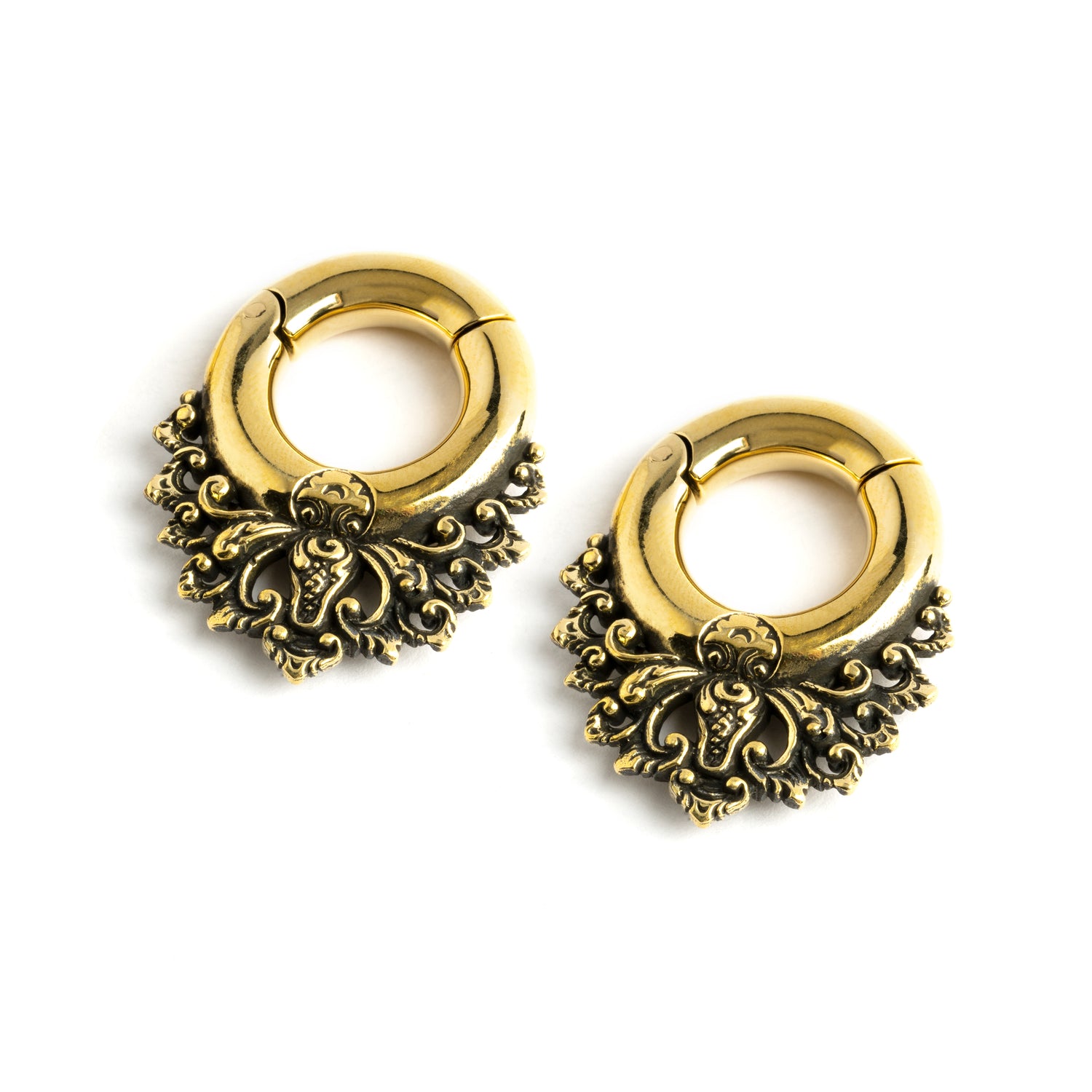 pair of gold brass ear hangers hoops with floral victorian design right front view