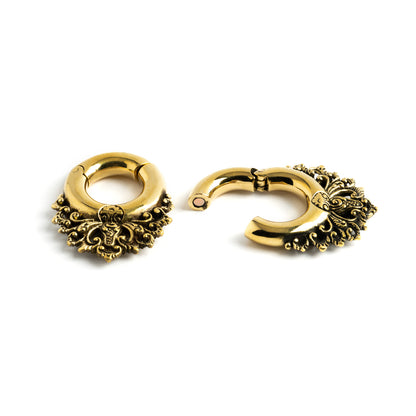 pair of gold brass ear hangers hoops with floral victorian design locking system view