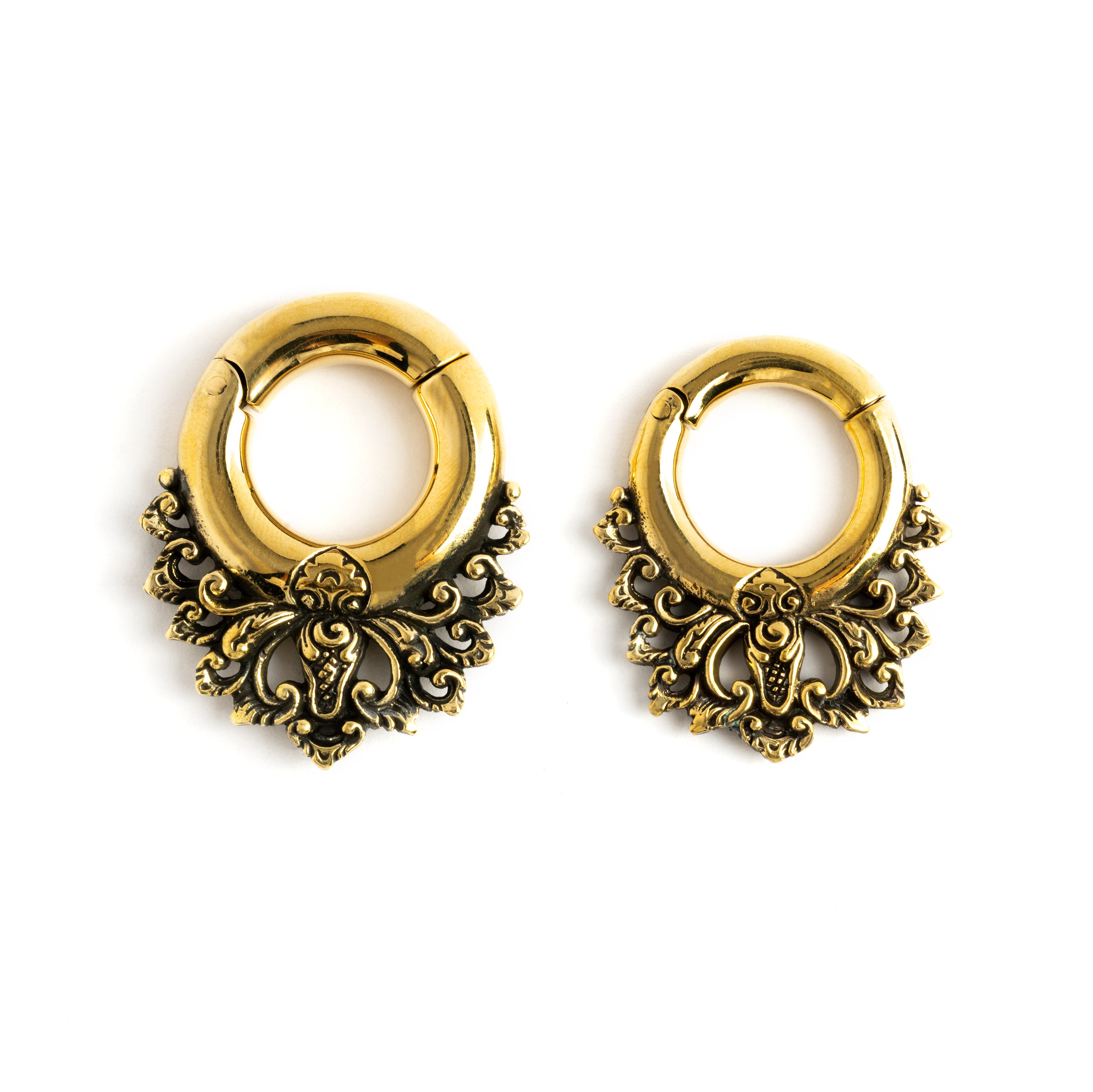 4mm and 6mm gold brass ear hangers hoops with floral victorian design frontal view