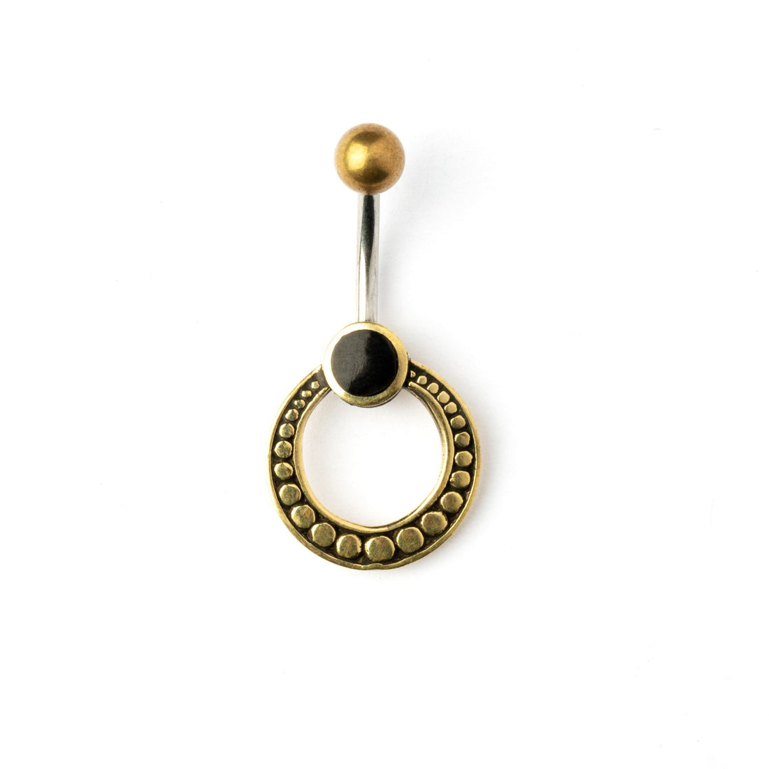 golden brass circle belly piercing with black onyx frontal view