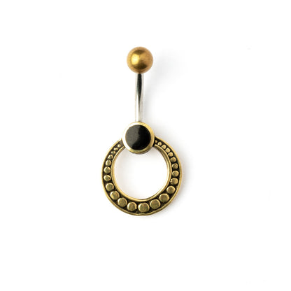 golden brass circle belly piercing with black onyx frontal view