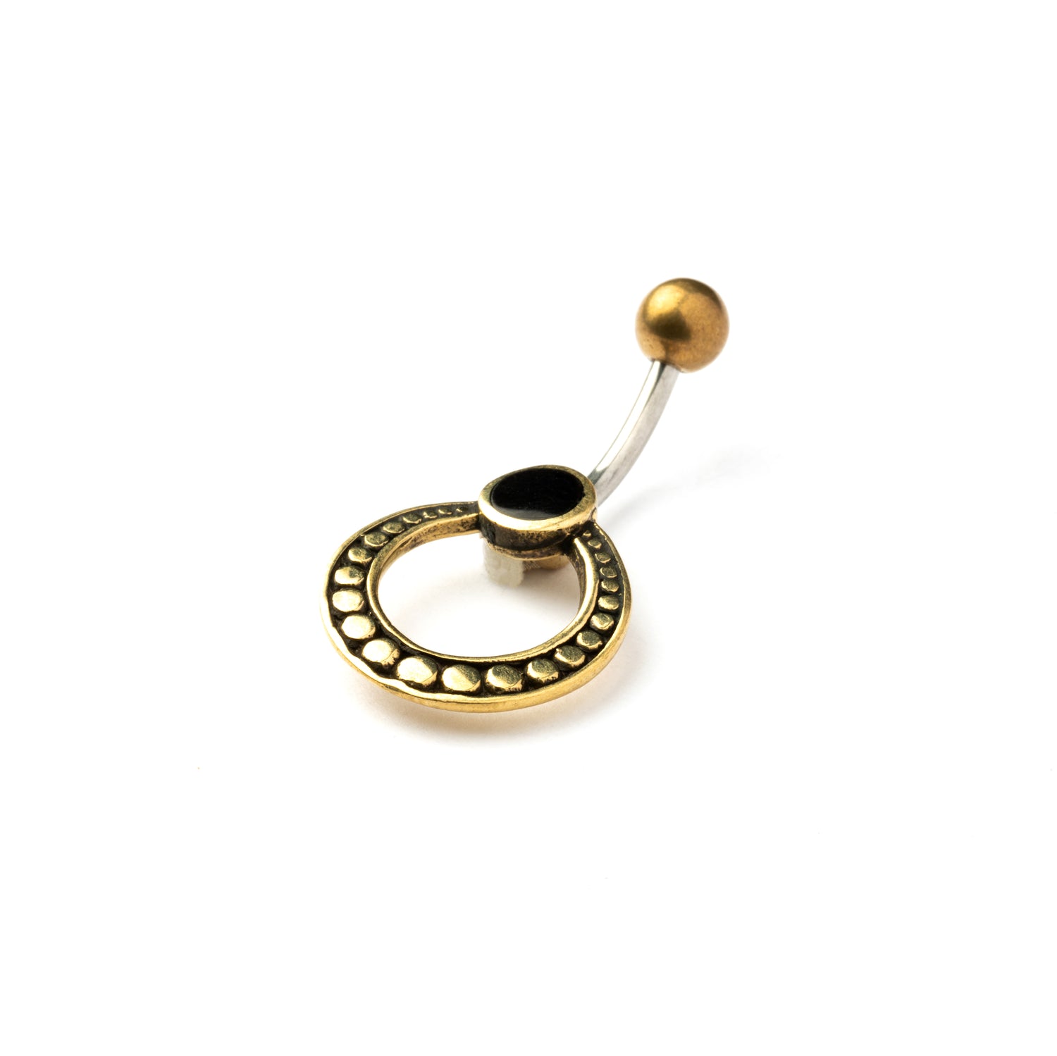 golden brass circle belly piercing with black onyx side view