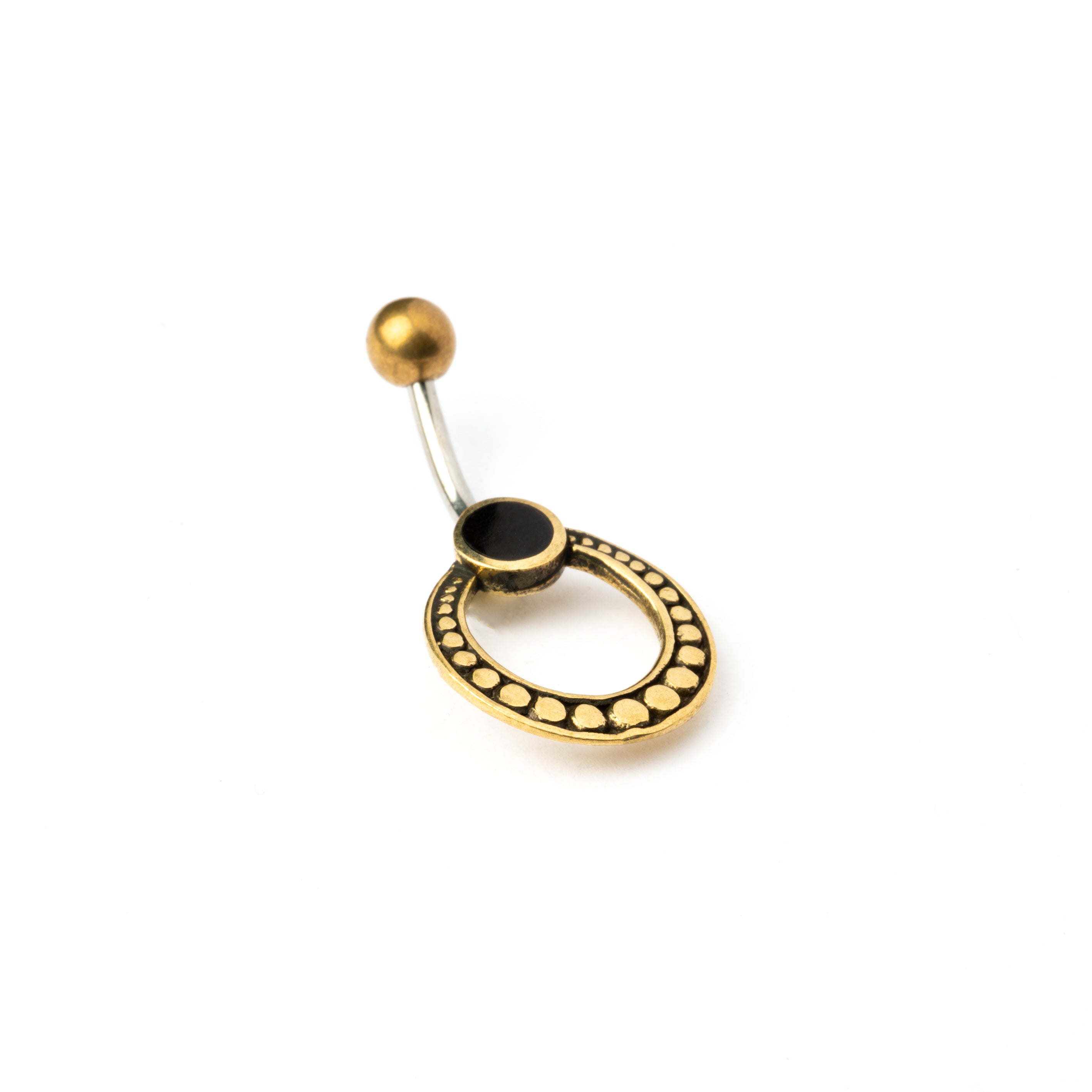 golden brass circle belly piercing with black onyx left side view