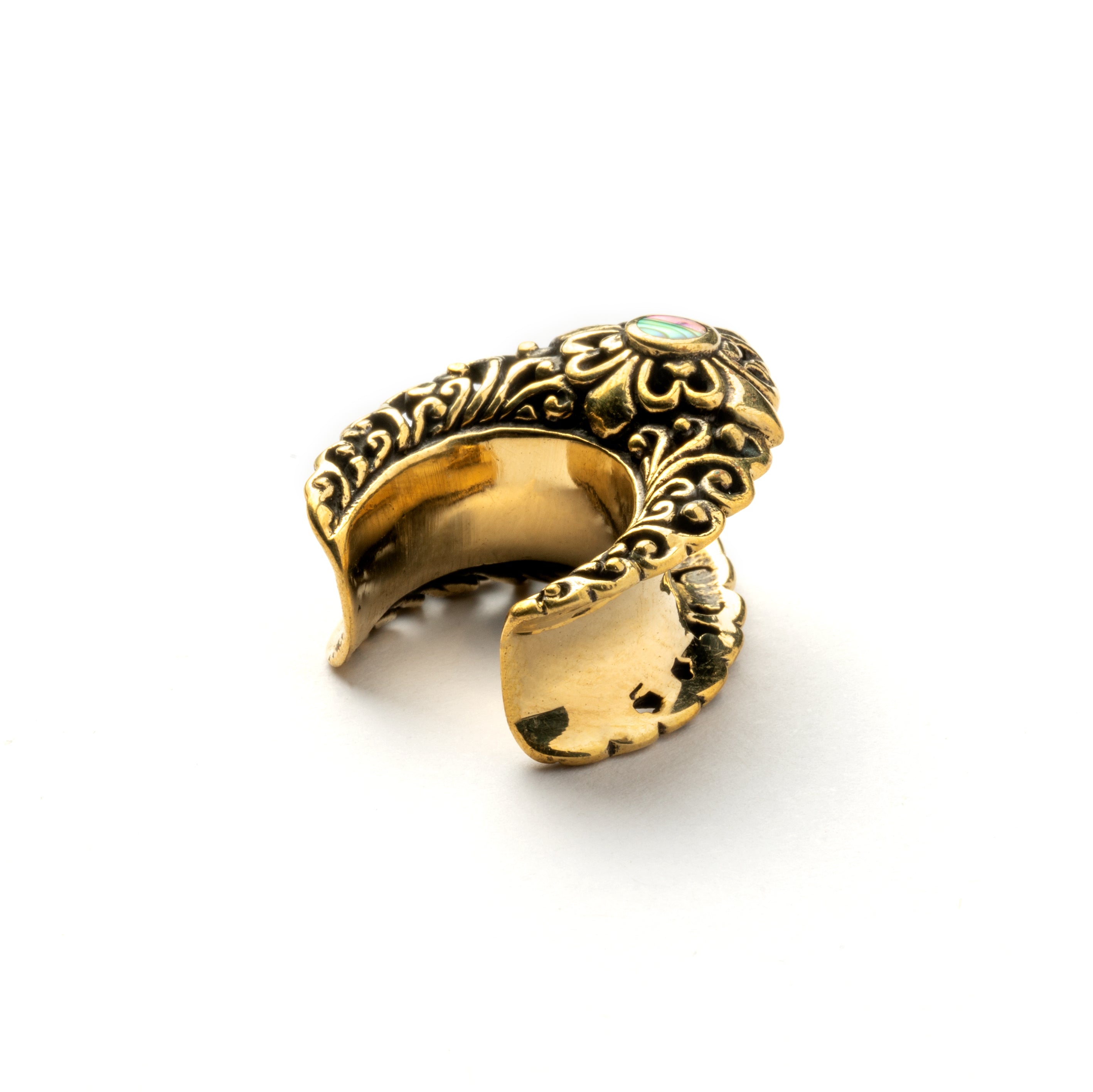 single golden brass victorian teardrop ear saddle with abalone shell back view