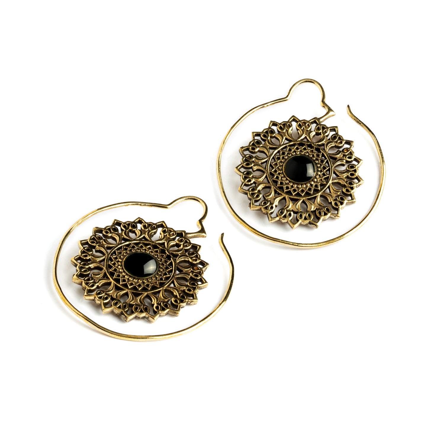 pair of golden brass large flower mandala earrings with centred black onyx front and side view