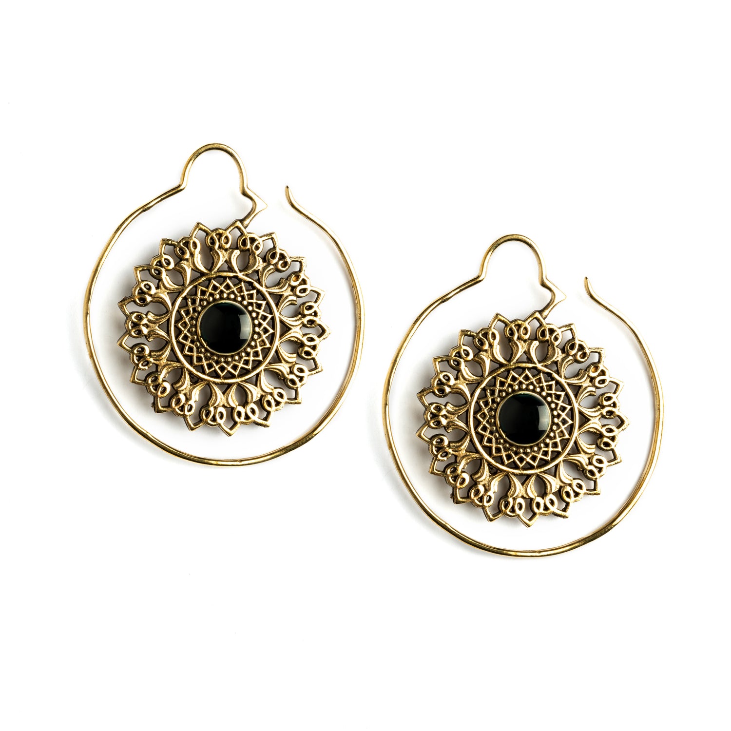 pair of golden brass large flower mandala earrings with centred black onyx frontal view