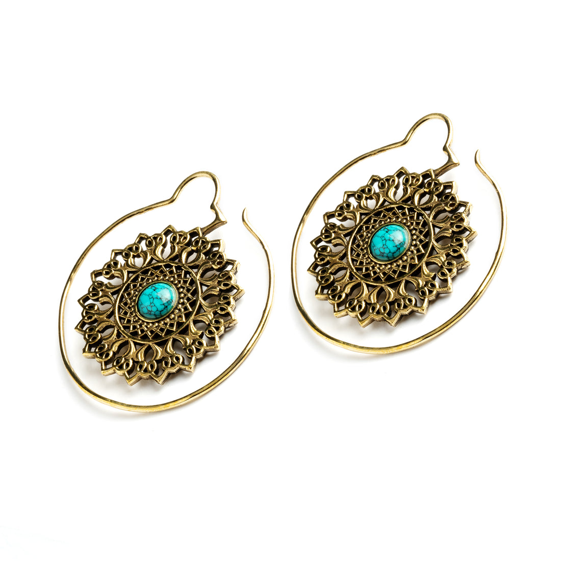 pair of golden brass large flower mandala earrings with centred Turquoise right side view