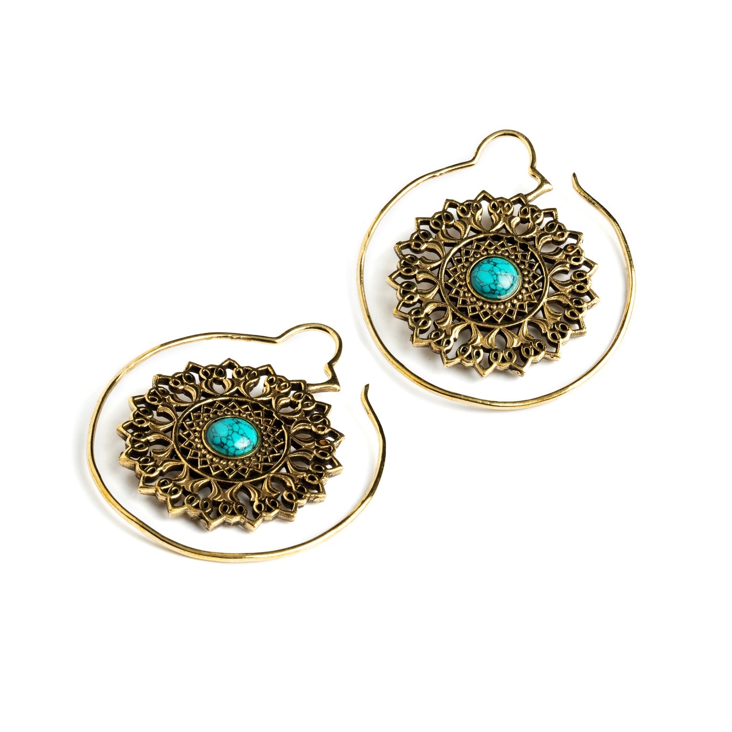 pair of golden brass large flower mandala earrings with centred Turquoise front and side view