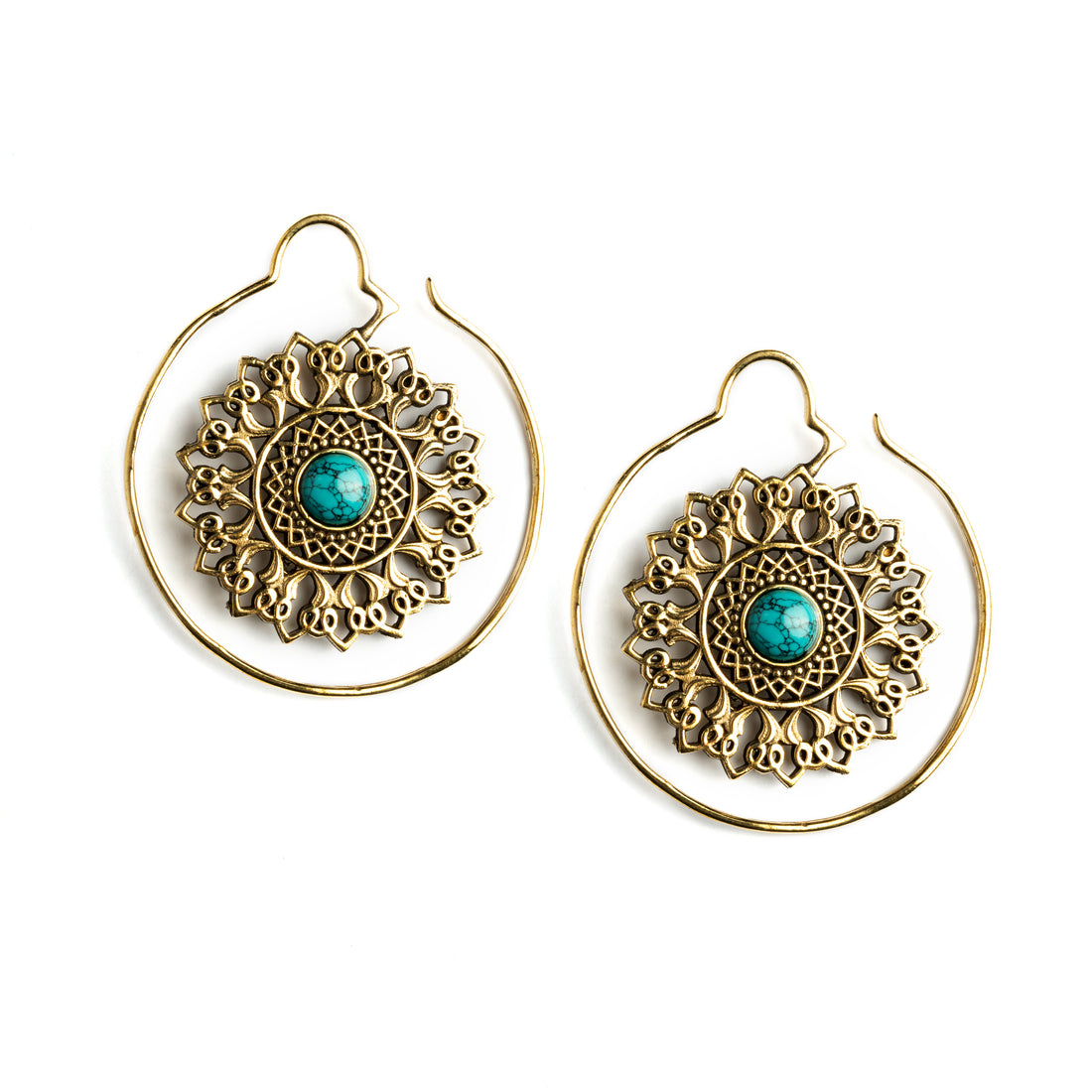 pair of golden brass large flower mandala earrings with centred Turquoise frontal view