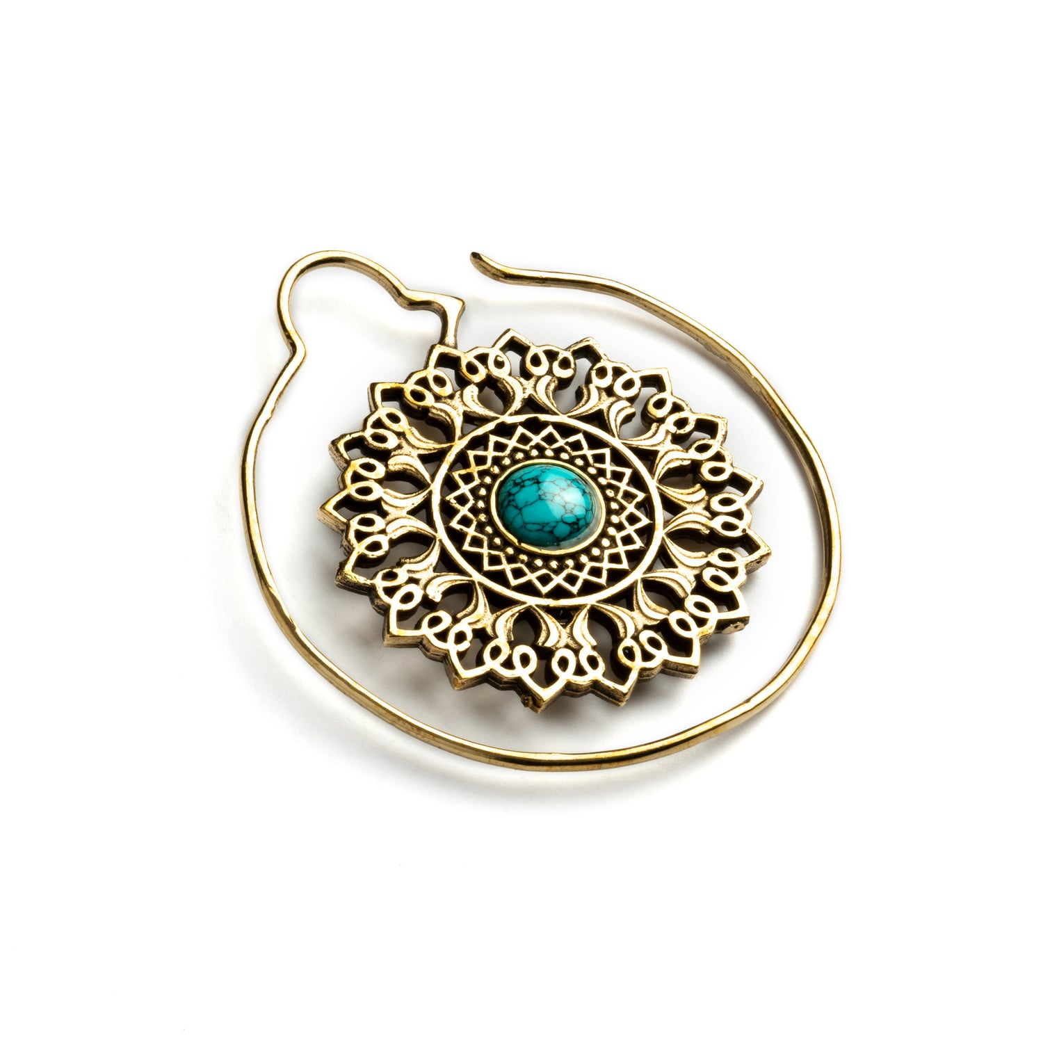 single brass large flower mandala earring with centred Turquoise right side view