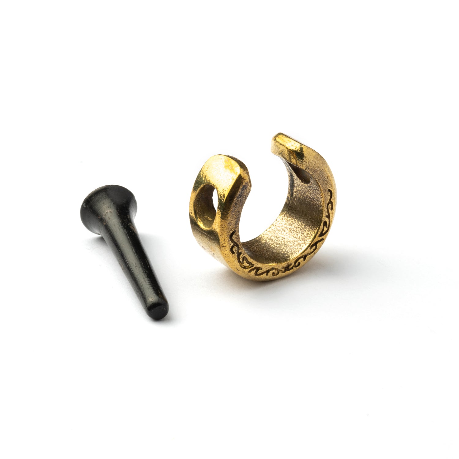 single golden brass small hoop gauge earring with wooden pin closure- open mode view