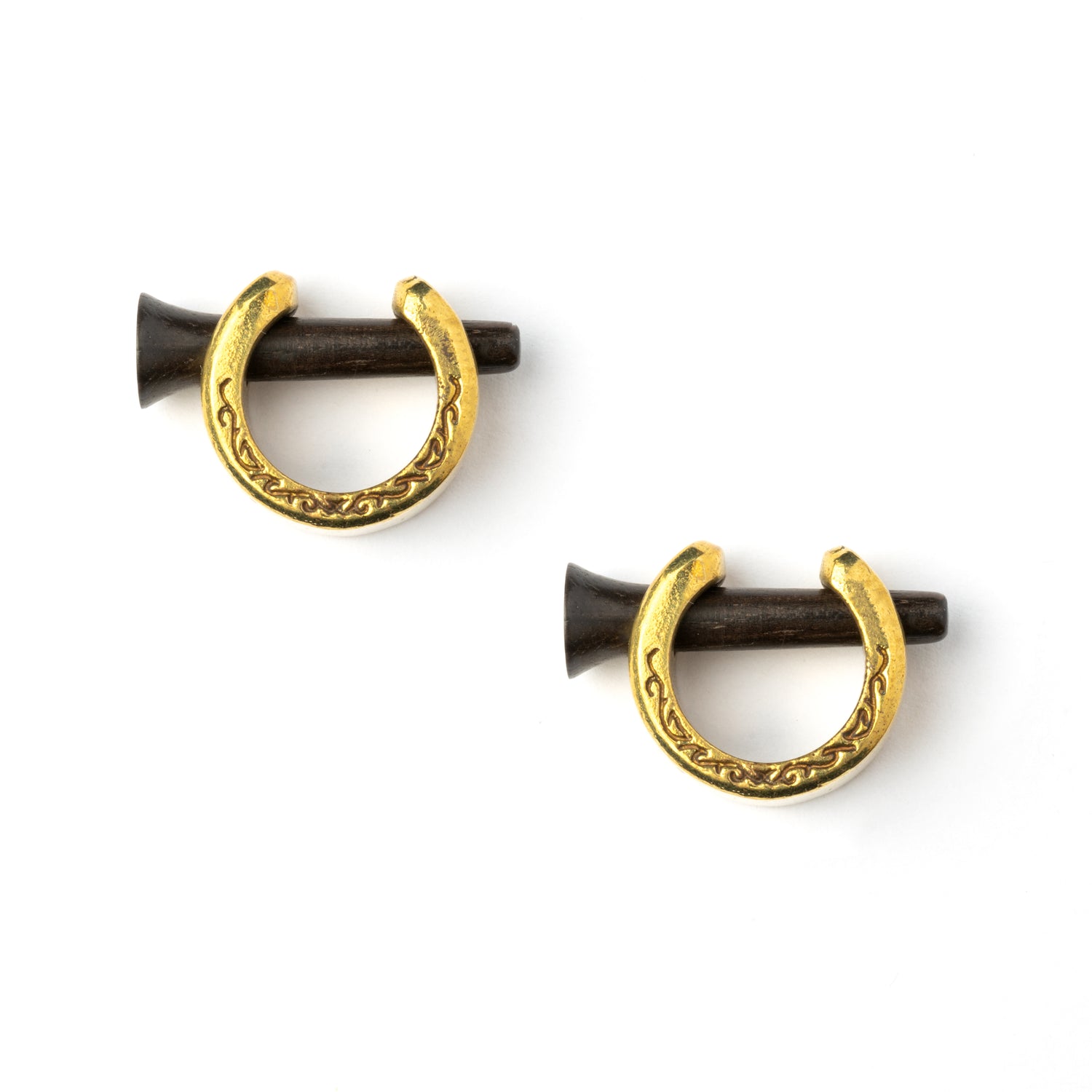 pair of golden brass small hoop gauge earring with wooden pin closure frontal view