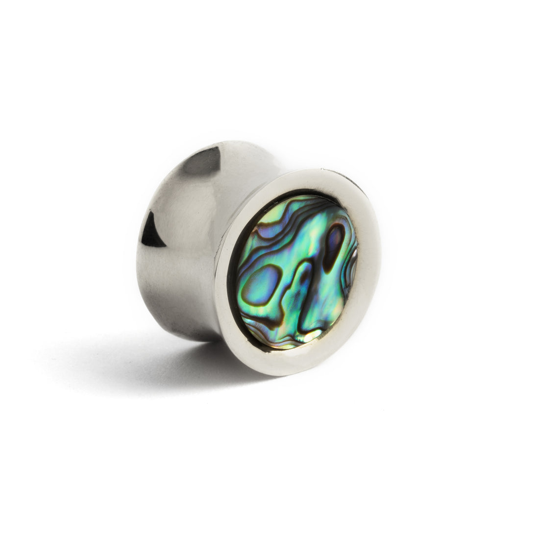 single silver ear plug with abalone inlay right side view