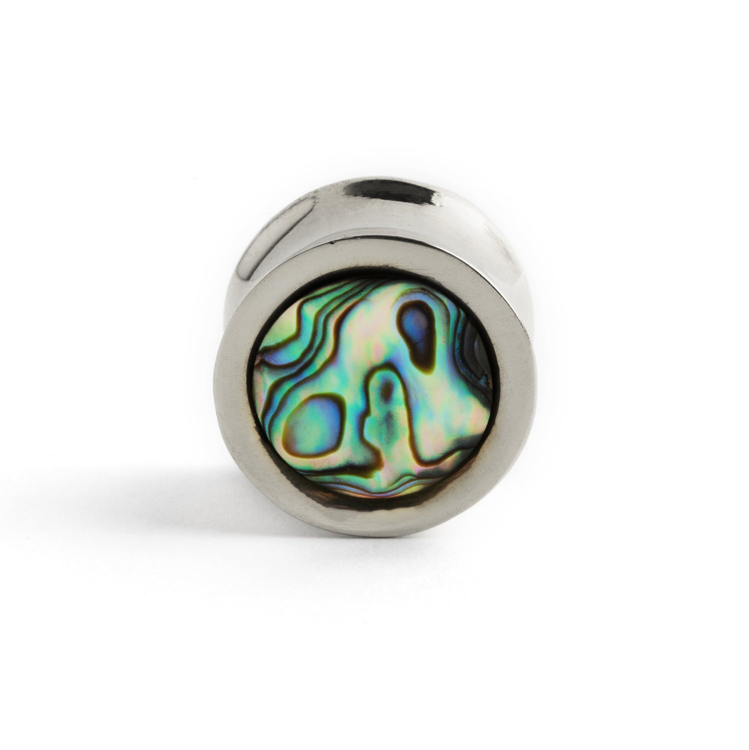 single silver ear plug with abalone inlay frontal view