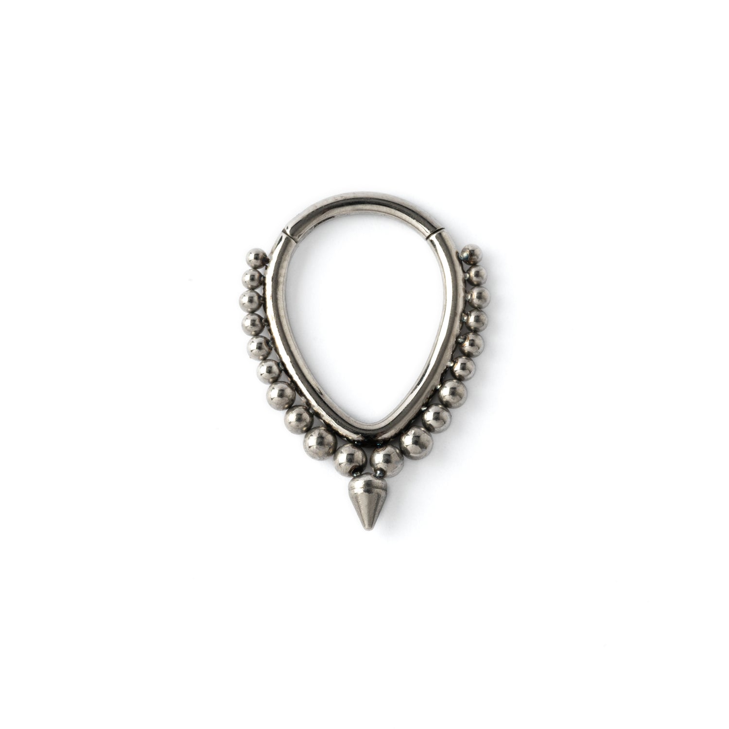surgical steel teardrop septum clicker with spheres and spiky drop frontal view