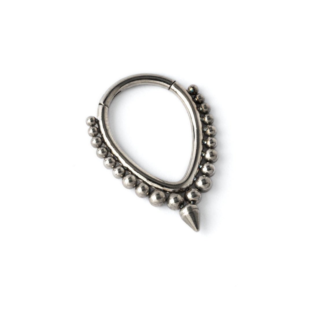 surgical steel teardrop septum clicker with spheres and spiky drop right side view