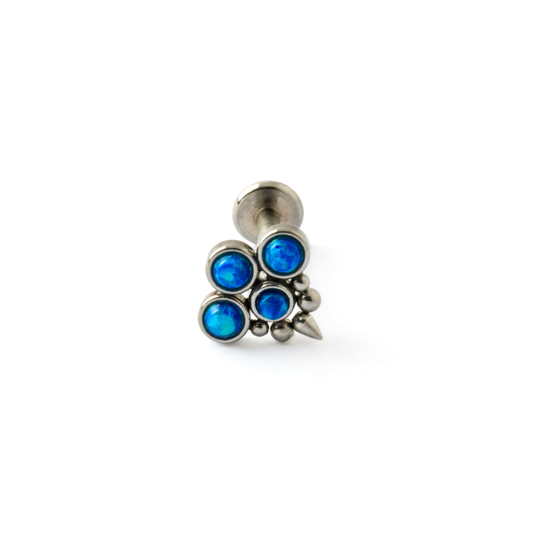 Brenna- surgical steel labret with 4 blue opals frontal view