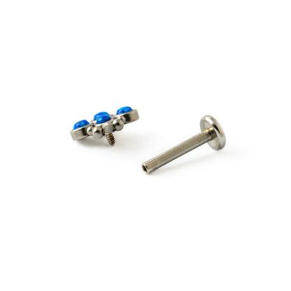 Brenna- surgical steel labret with 4 blue opals screw back closure view