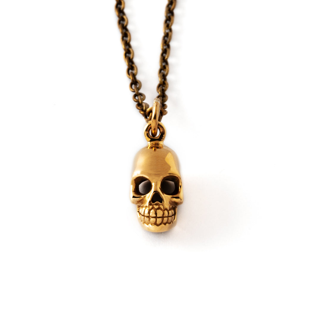 tiny bronze skull pendant on a bronze chain necklace frontal