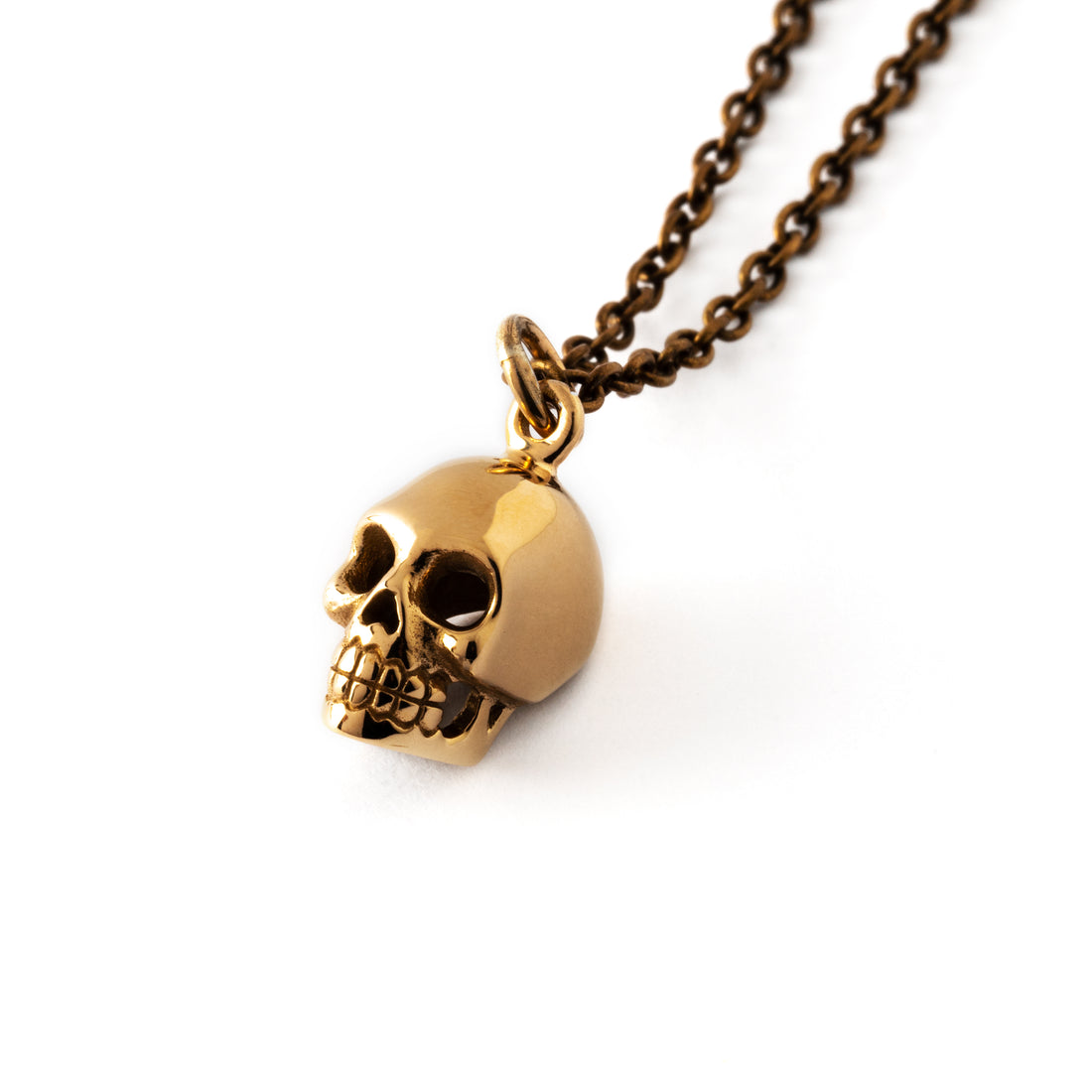 tiny bronze skull pendant on a bronze chain necklace