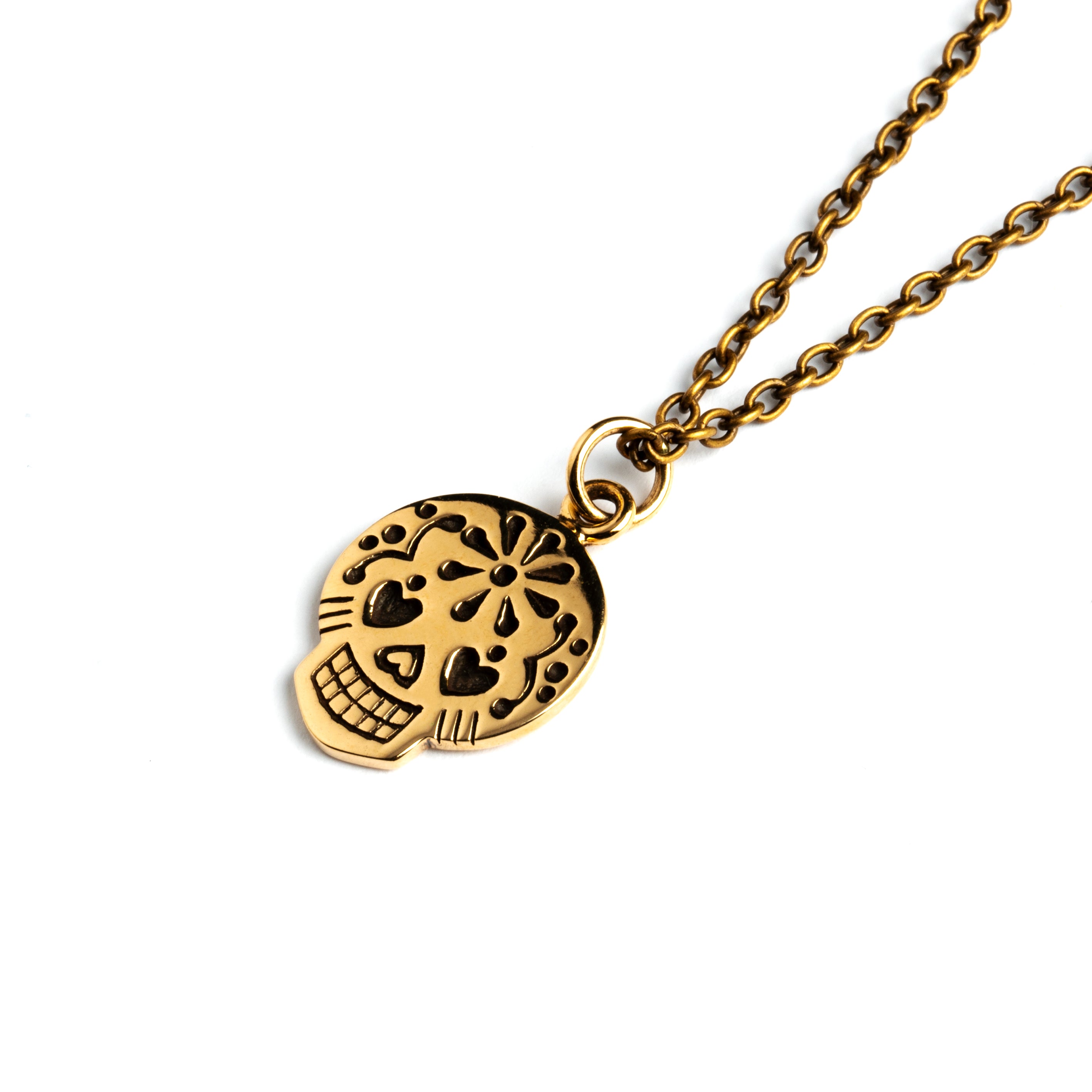 Bronze Mexican Sugar Skull Charm Necklace right side view