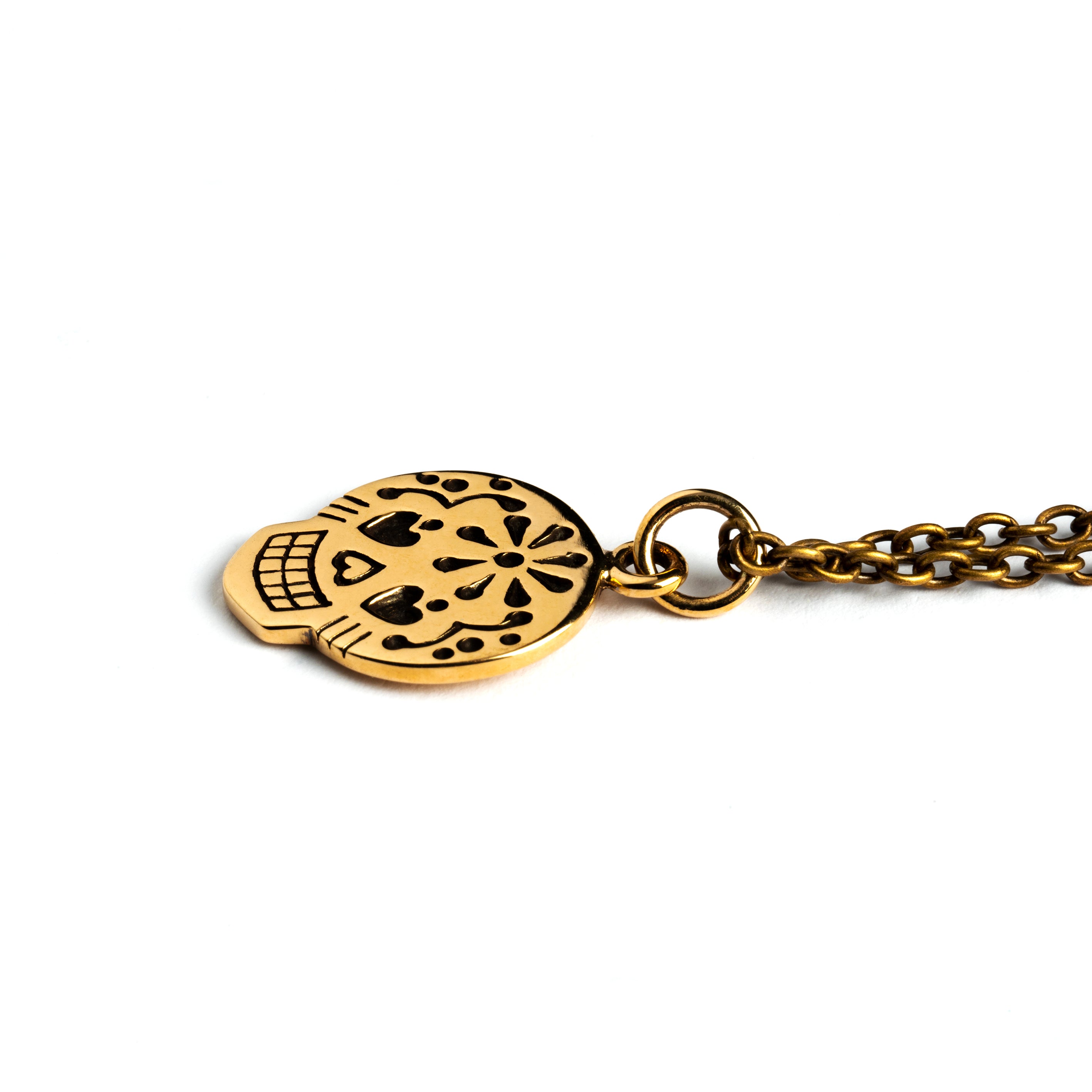 Bronze Mexican Sugar Skull Charm Necklace side view