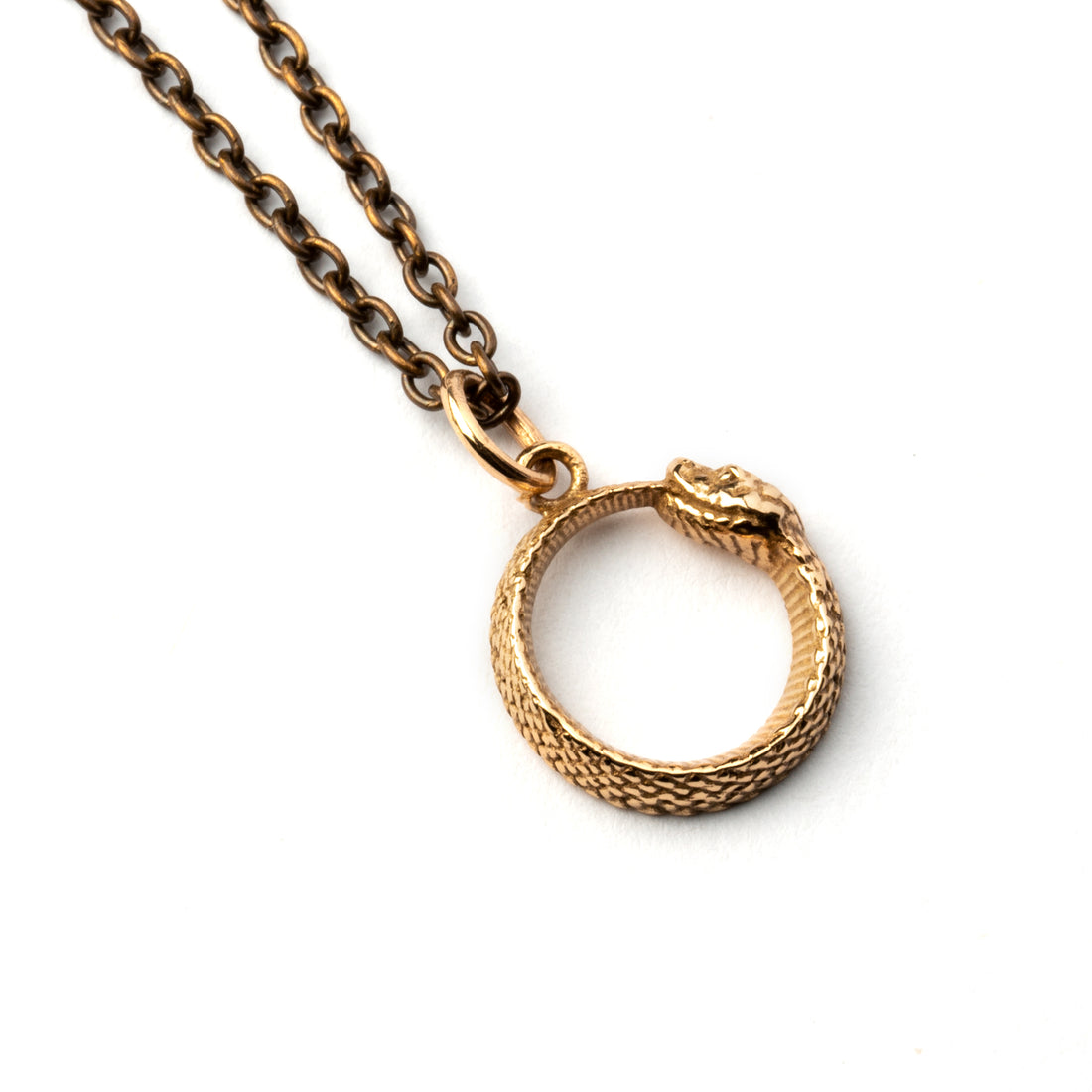 Tiny Bronze Ouroboros snake Charm necklace left side  view