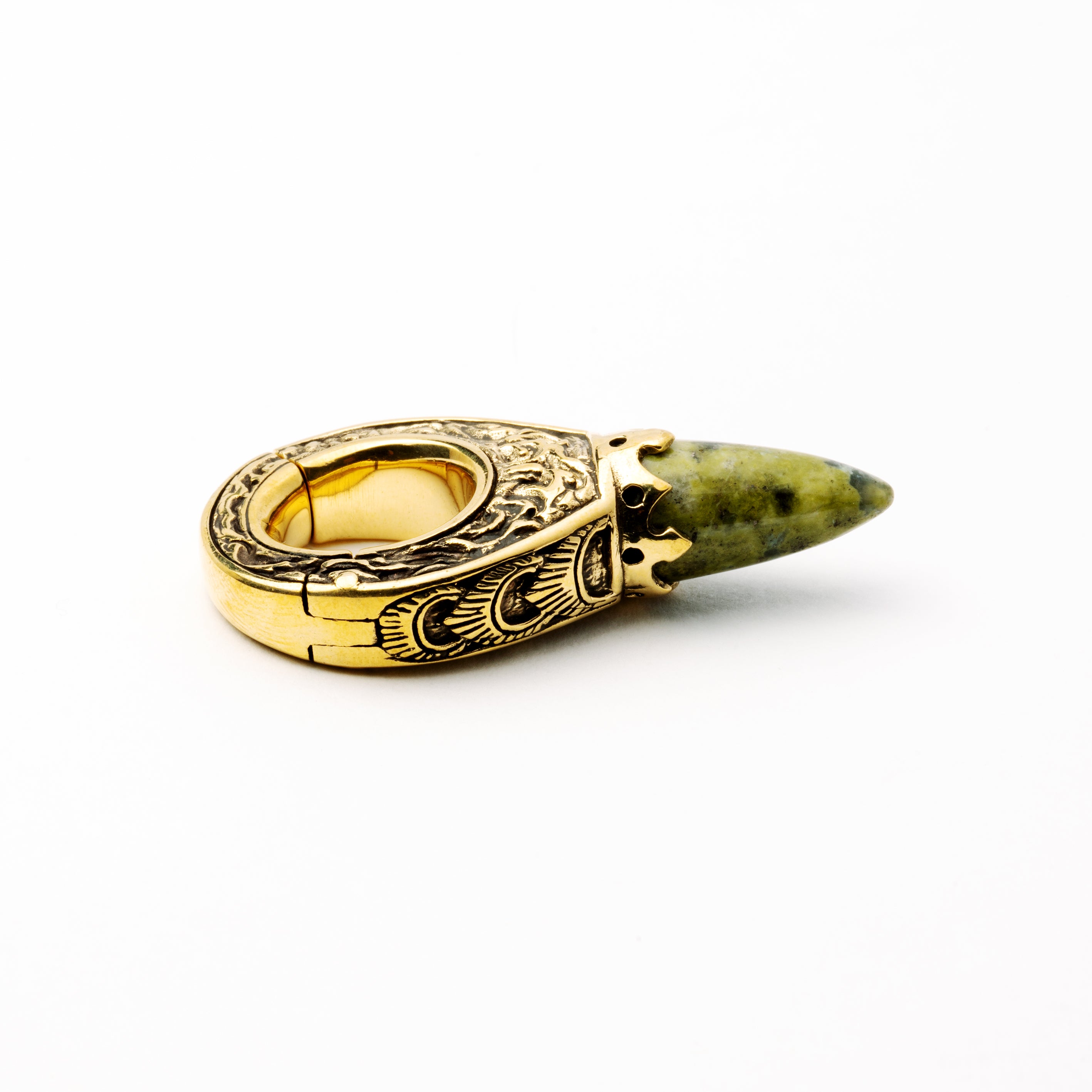 single gold brass weight hoop with coned African Jade right side view