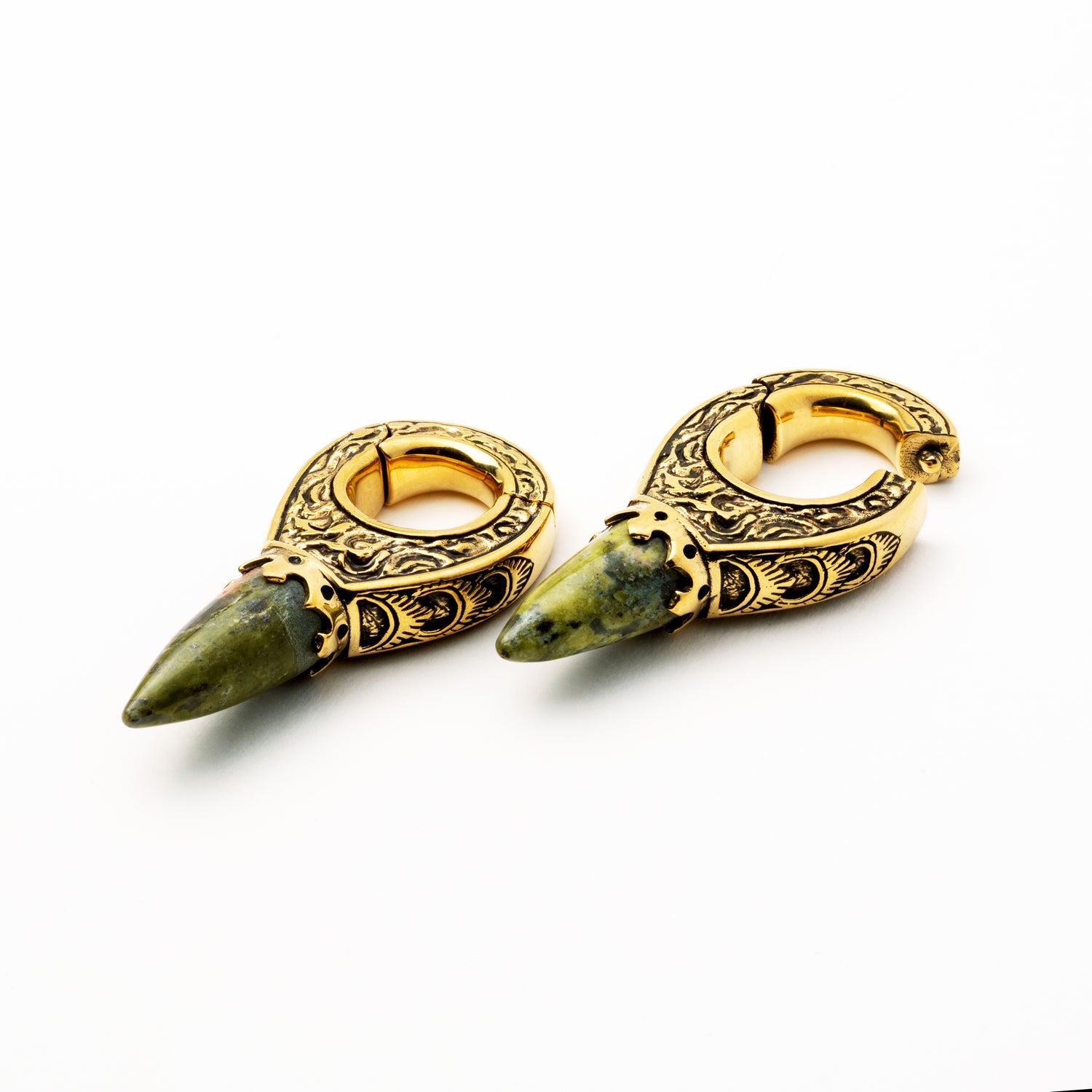 pair of gold brass weight hoops with coned African Jade side view