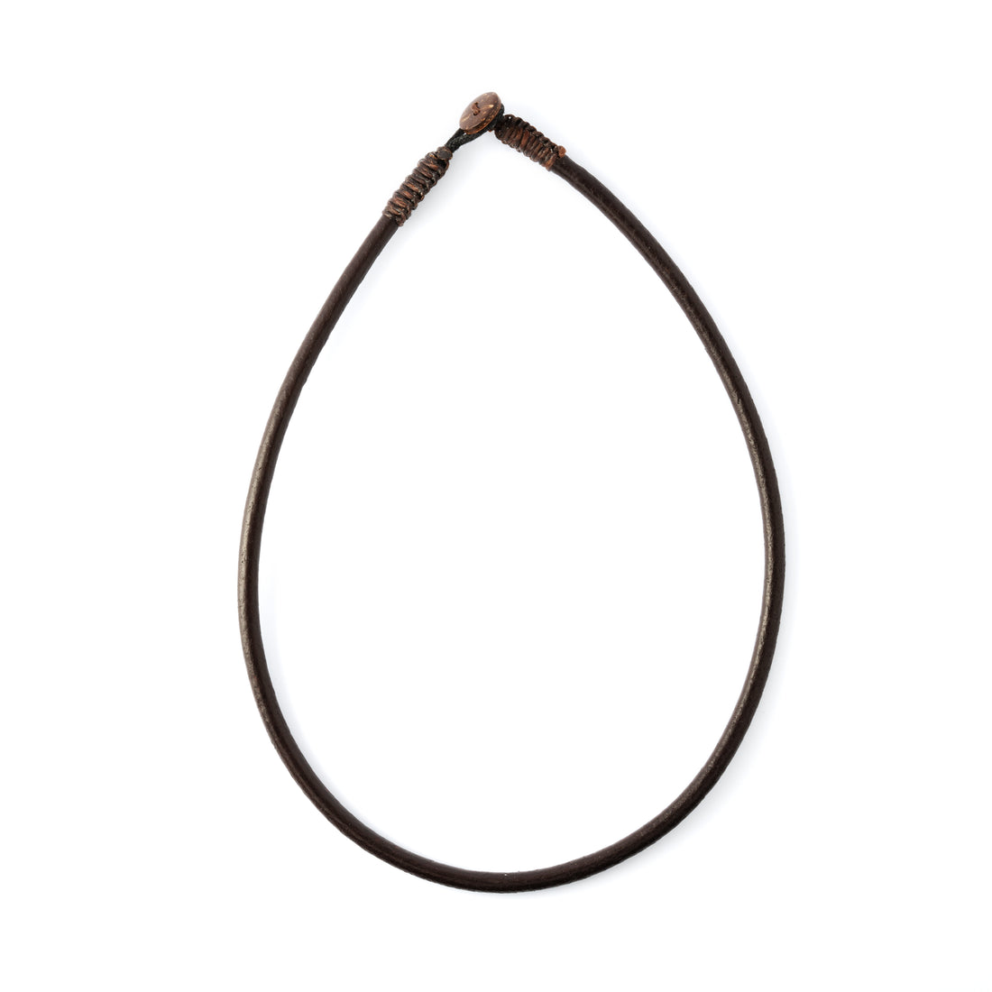 brown leather cord necklace with coconut bead closure frontal image
