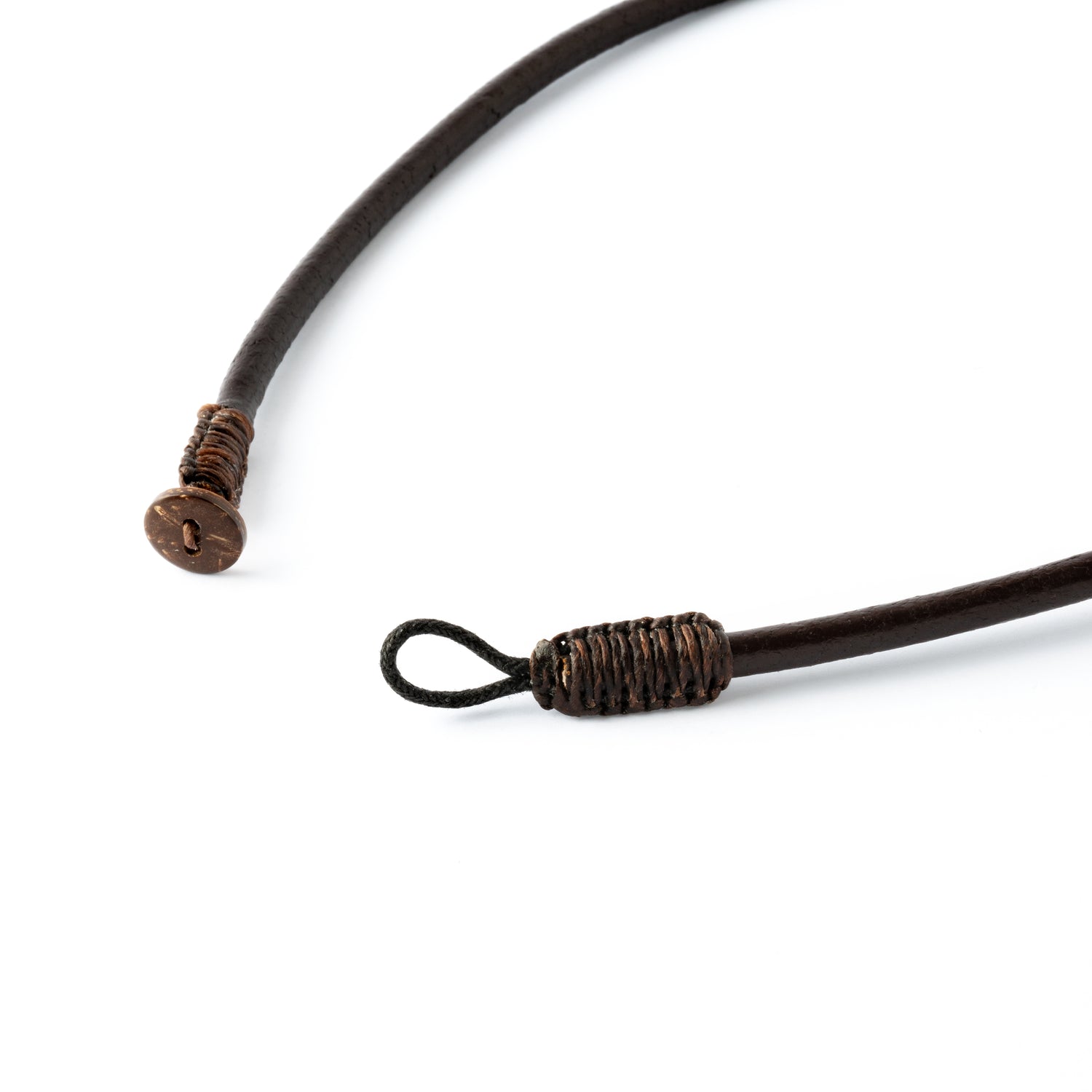 brown leather cord necklace with coconut bead closure open closure view