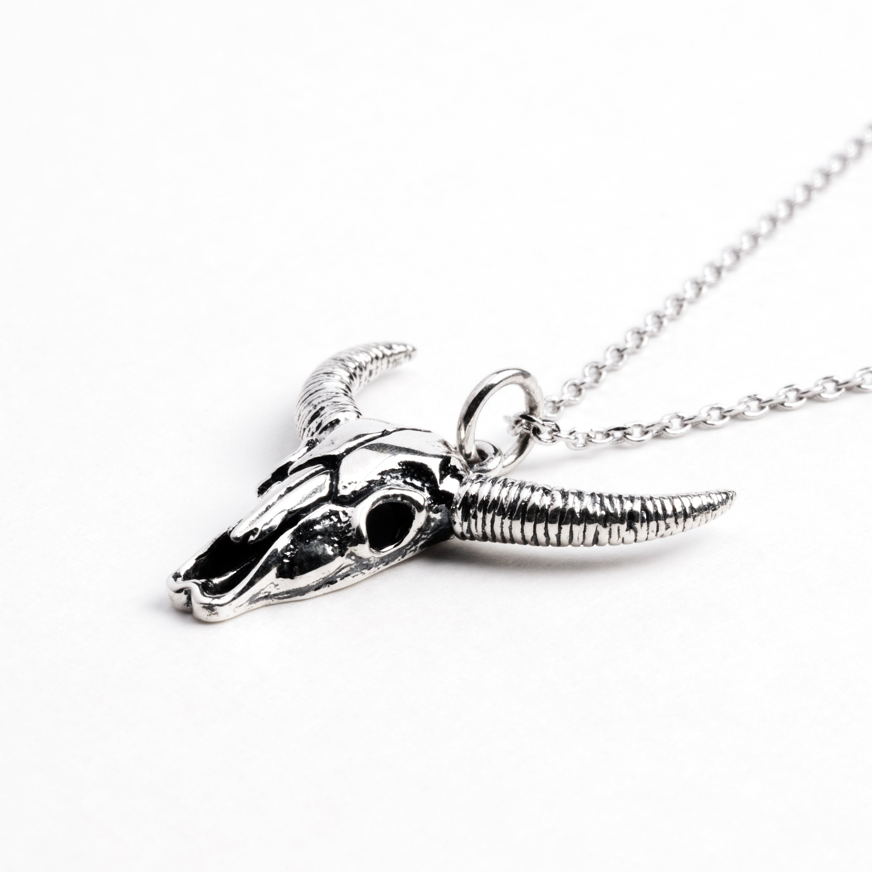 Bull skull silver charm necklace right side view