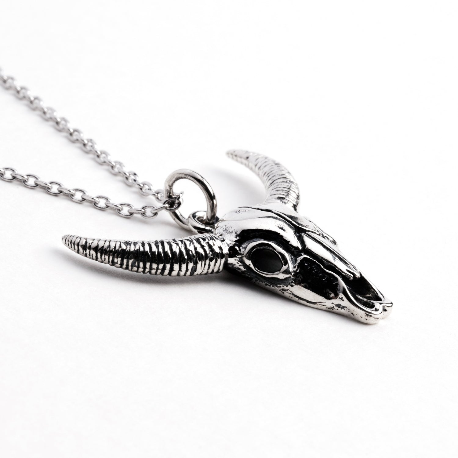 Bull skull silver charm necklace left side view