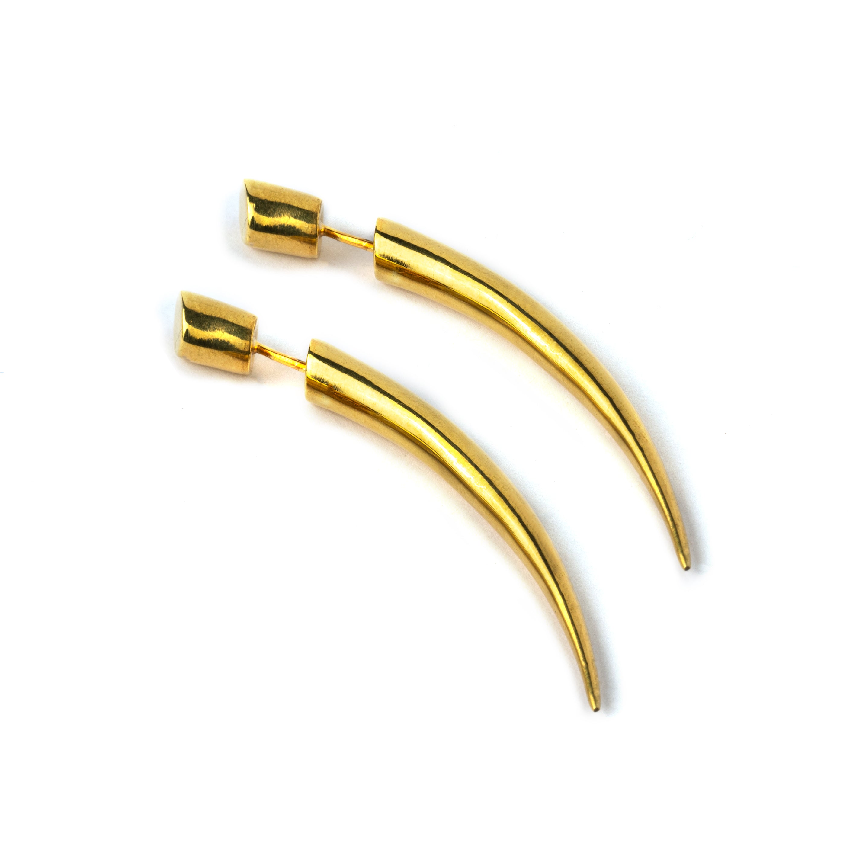 pair of 60mm gold plated silver curved spike fake gauge earring frontal view
