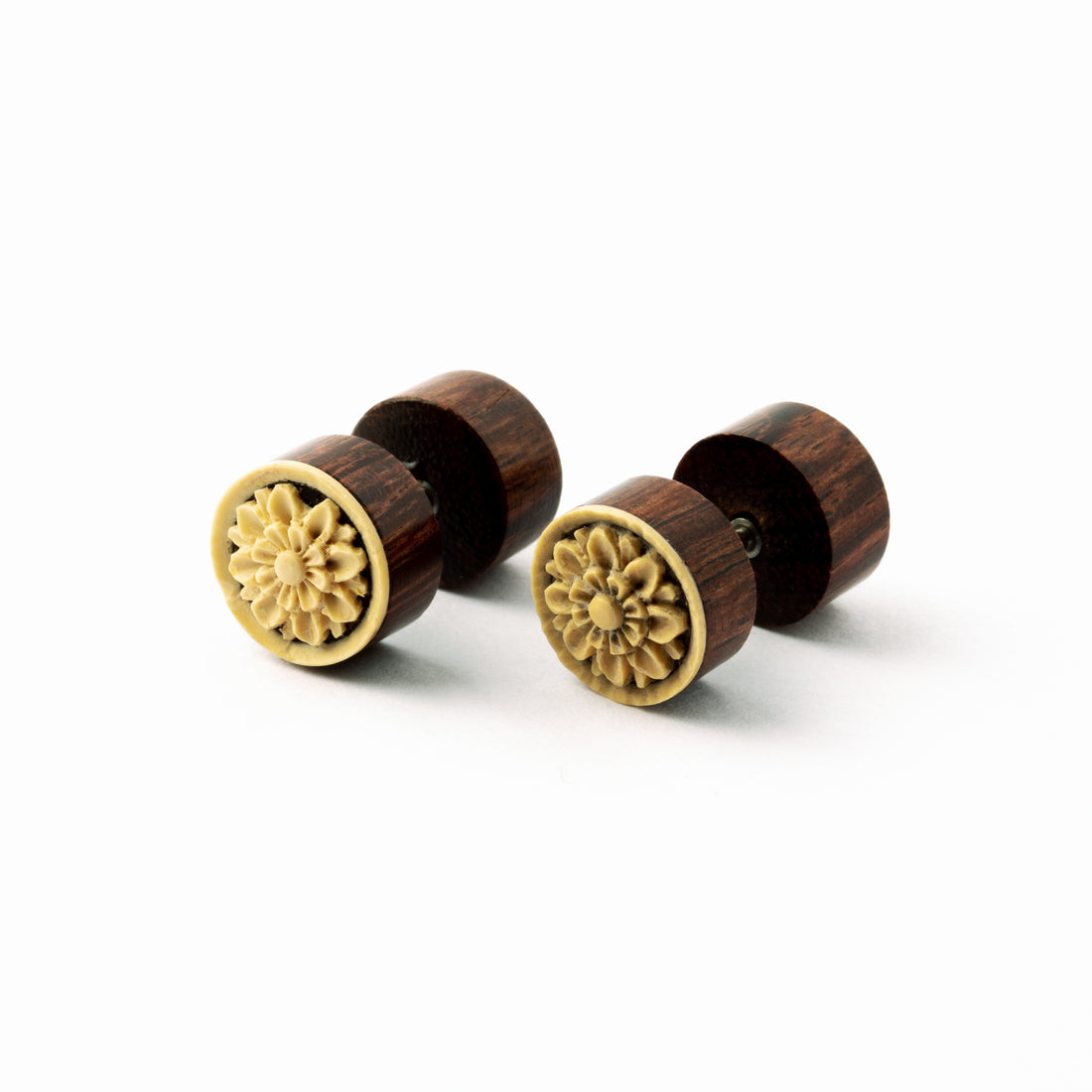 pair of carved Lotus wood fake gauge plug earrings right side view