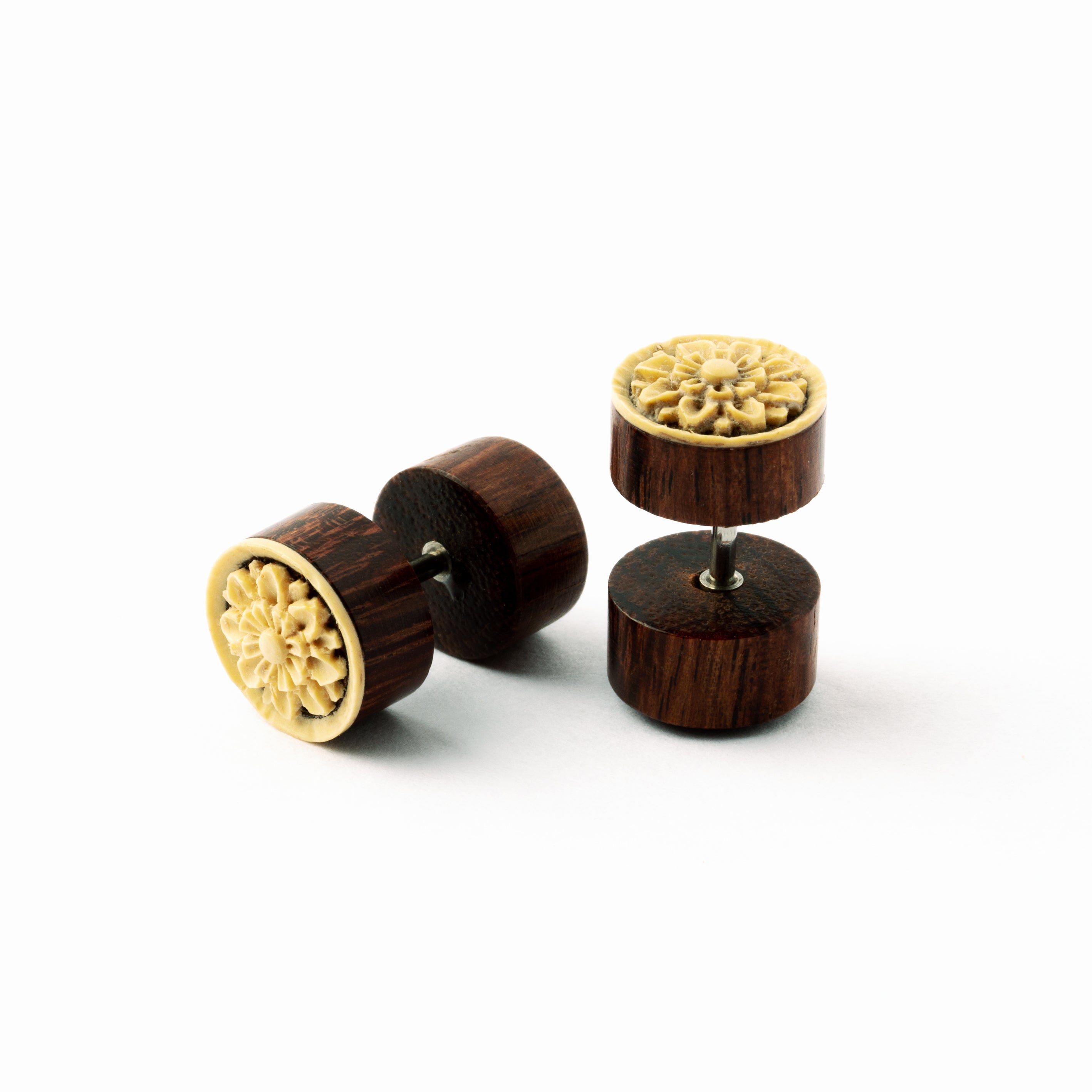 pair of carved Lotus wood fake gauge plug earrings front and side view