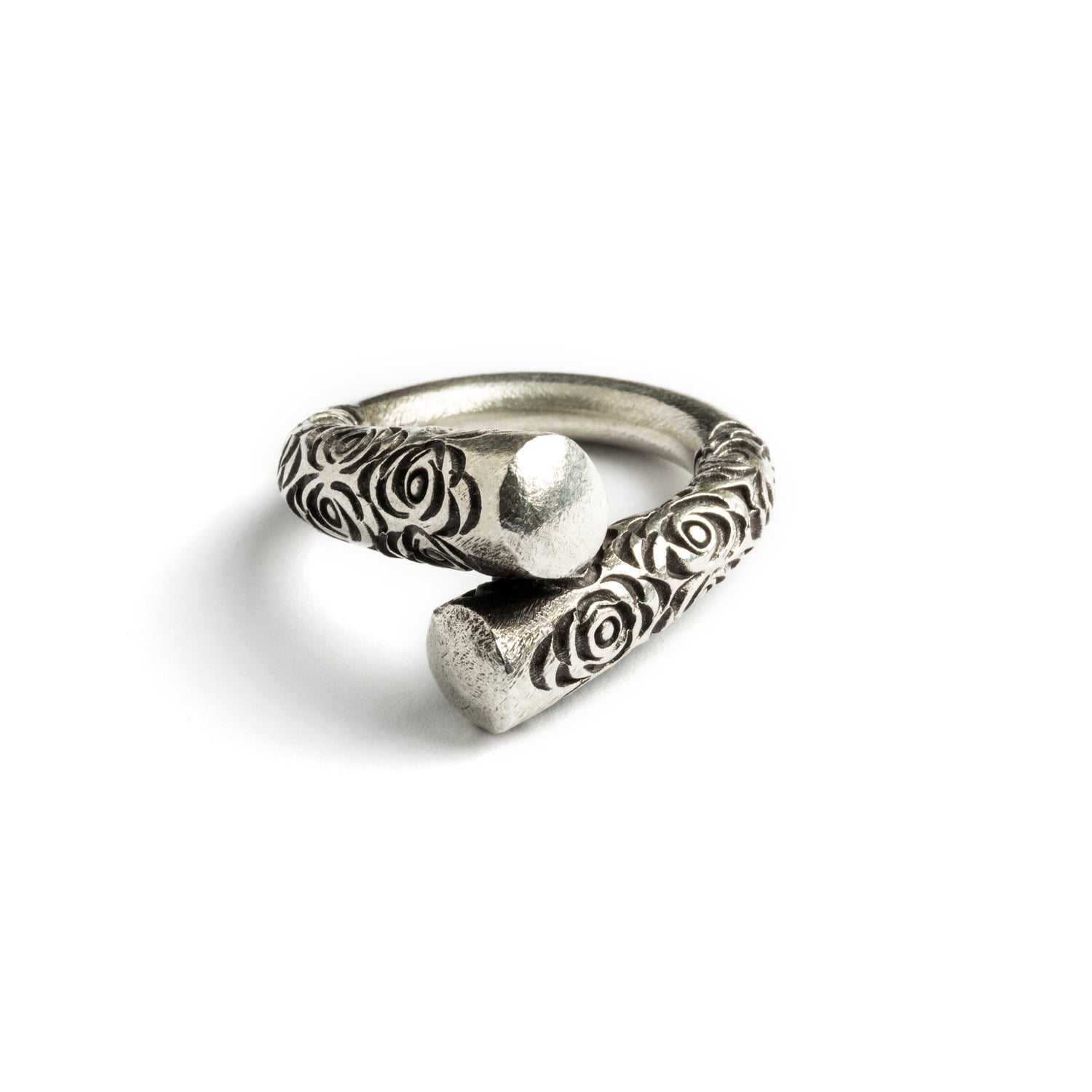 Carved Tribal Silver Ring frontal view