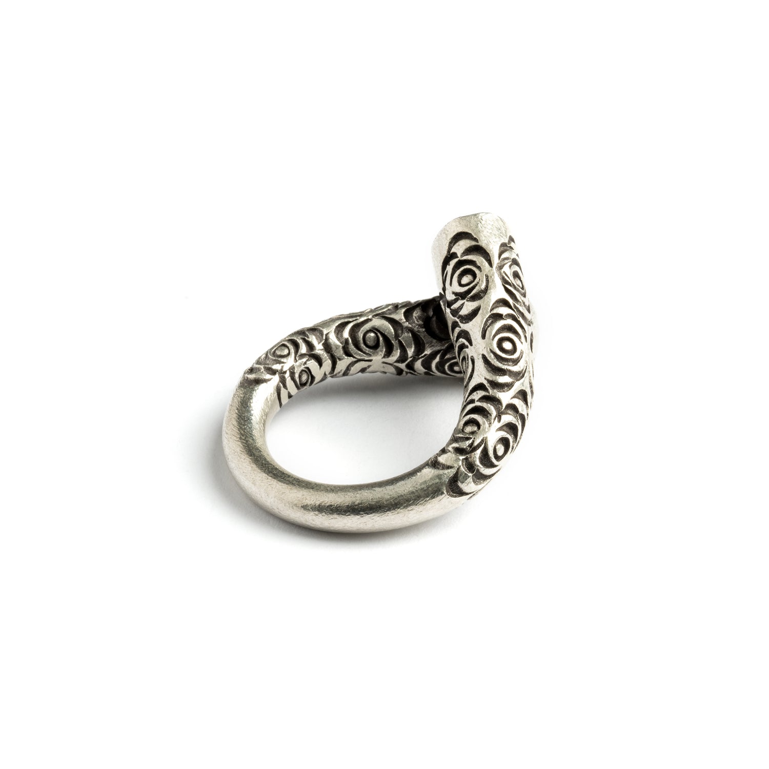 Carved Tribal Silver Ring back left view