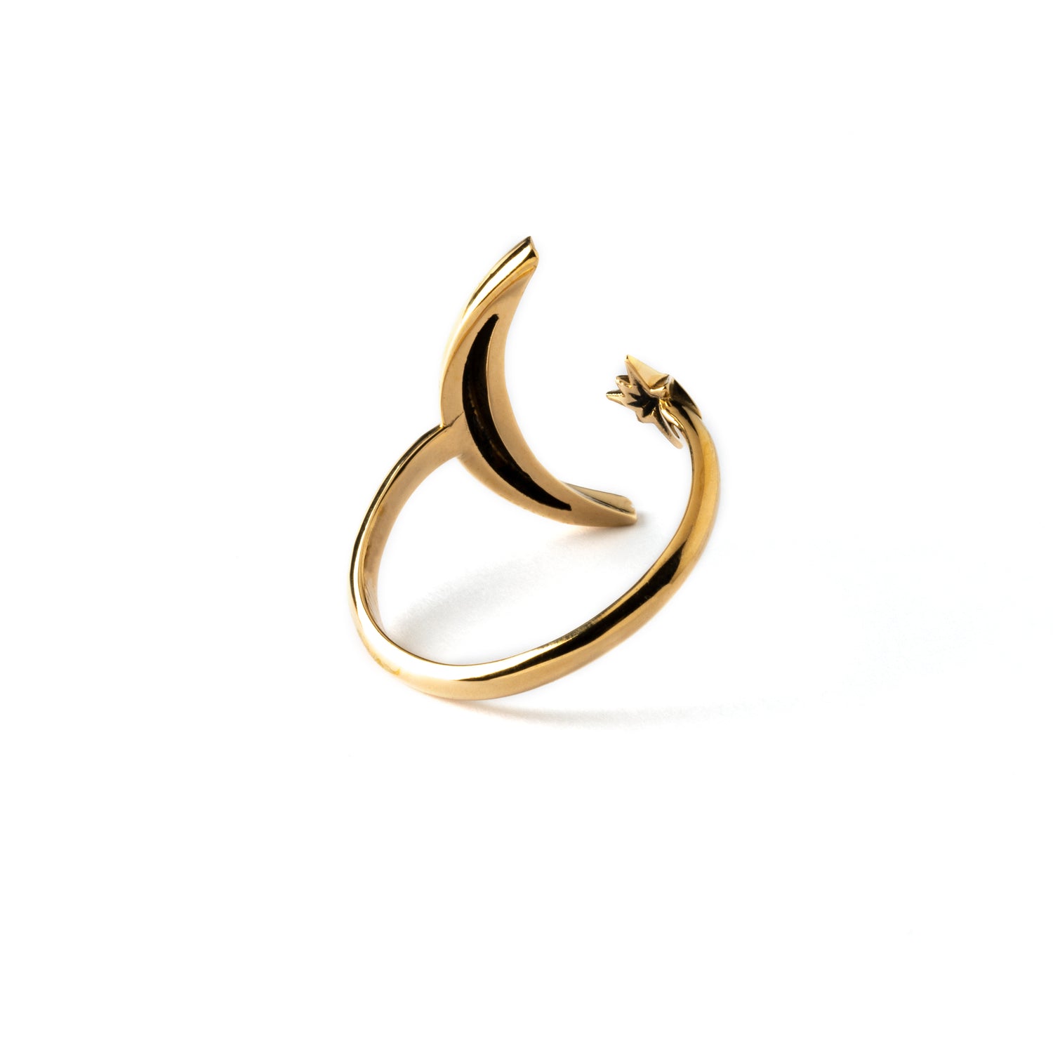 bronze open band ring with crescent moon on one side and star at the other side back view