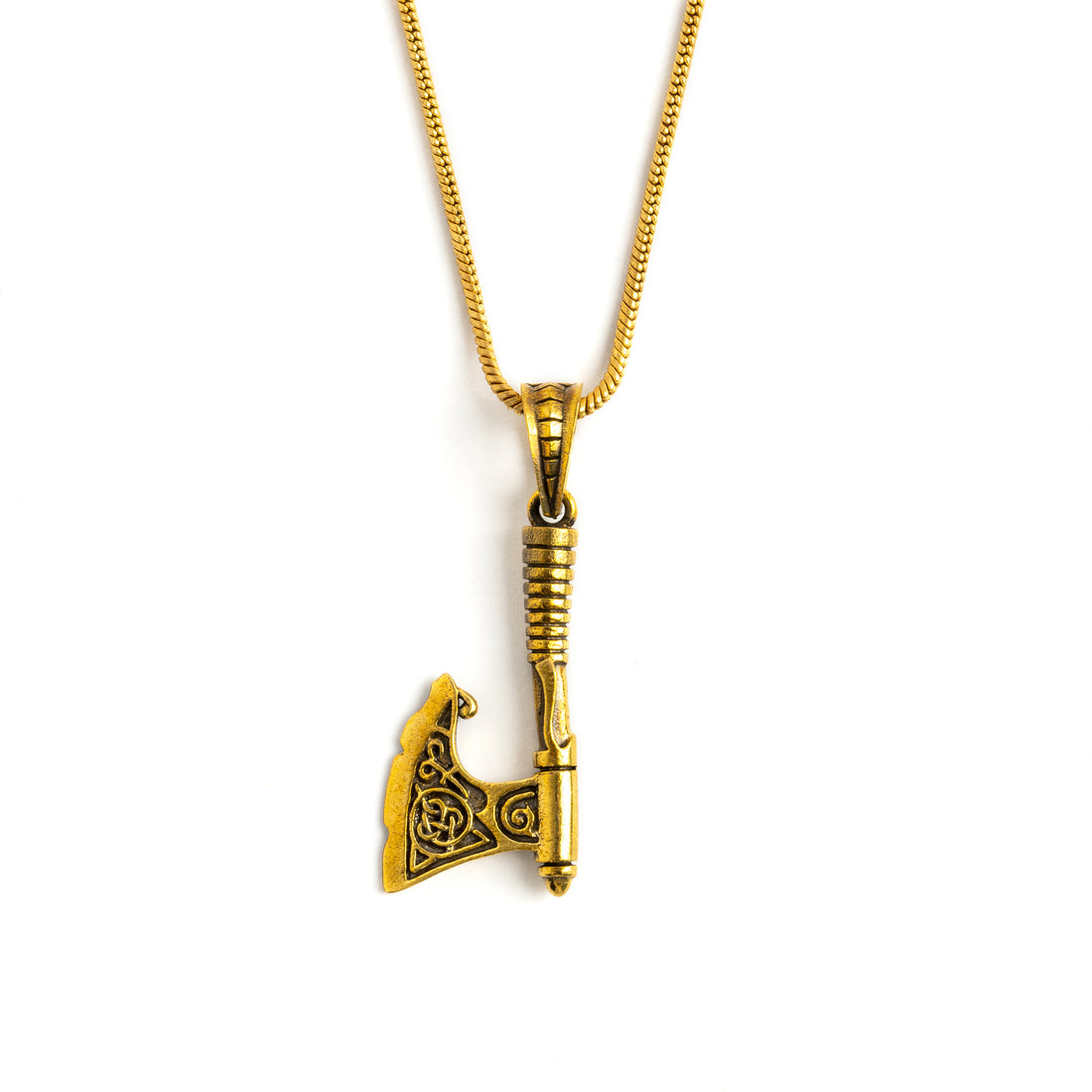 golden brass Celtic axe pendant on a brass chain frontal view
