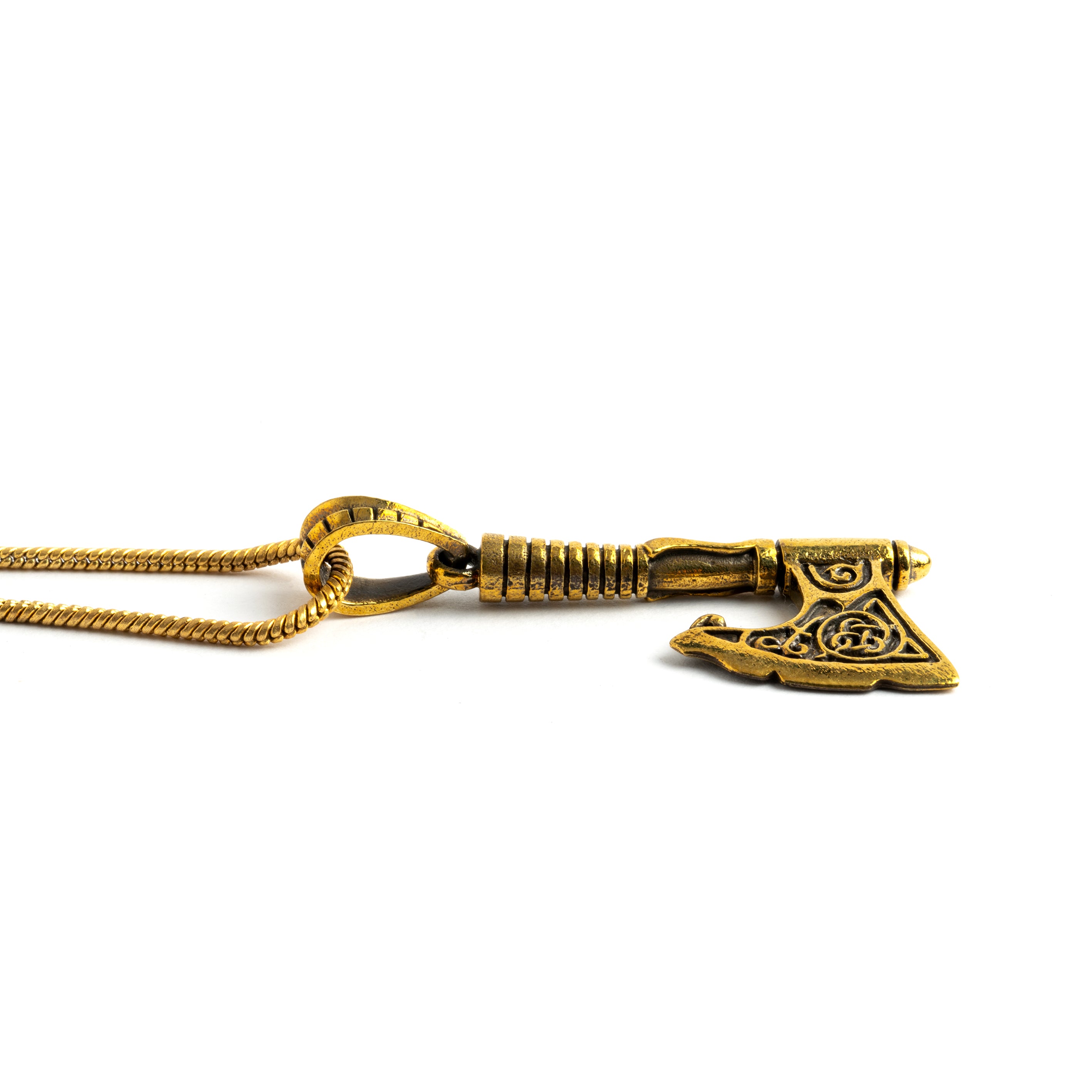 golden brass Celtic axe pendant on a brass chain side view